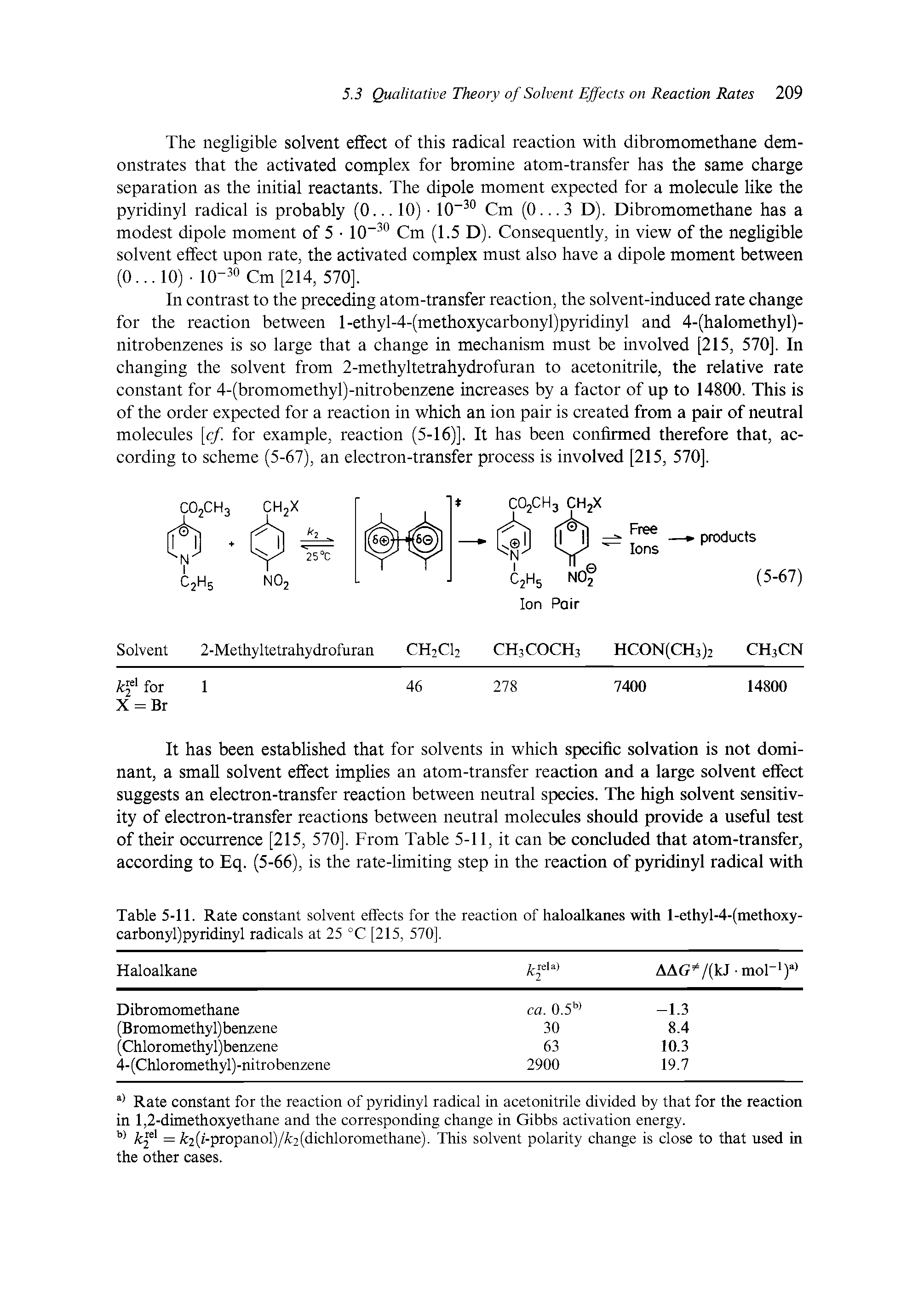 Table 5-11. Rate constant solvent effects for the reaction of haloalkanes with l-ethyl-4-(methoxy-carbonyl)pyridinyl radicals at 25 °C [215, 570],...