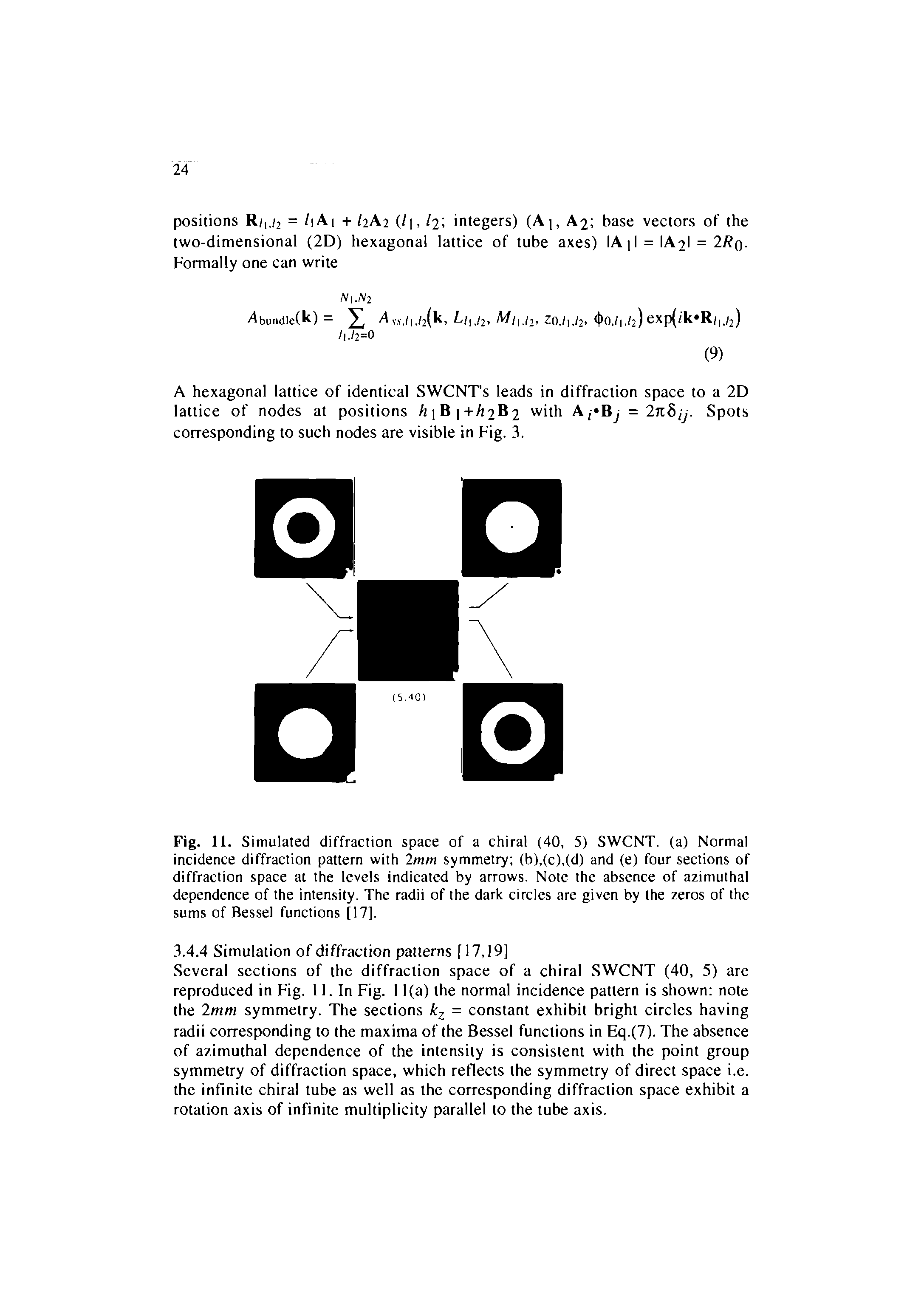 Fig. 11. Simulated diffraction space of a chiral (40, 5) SWCNT. (a) Normal incidence diffraction pattern with 2mm symmetry (b),(c),(d) and (e) four sections of diffraction space at the levels indicated by arrows. Note the absence of azimuthal dependence of the intensity. The radii of the dark circles are given by the zeros of the sums of Bessel functions [17].