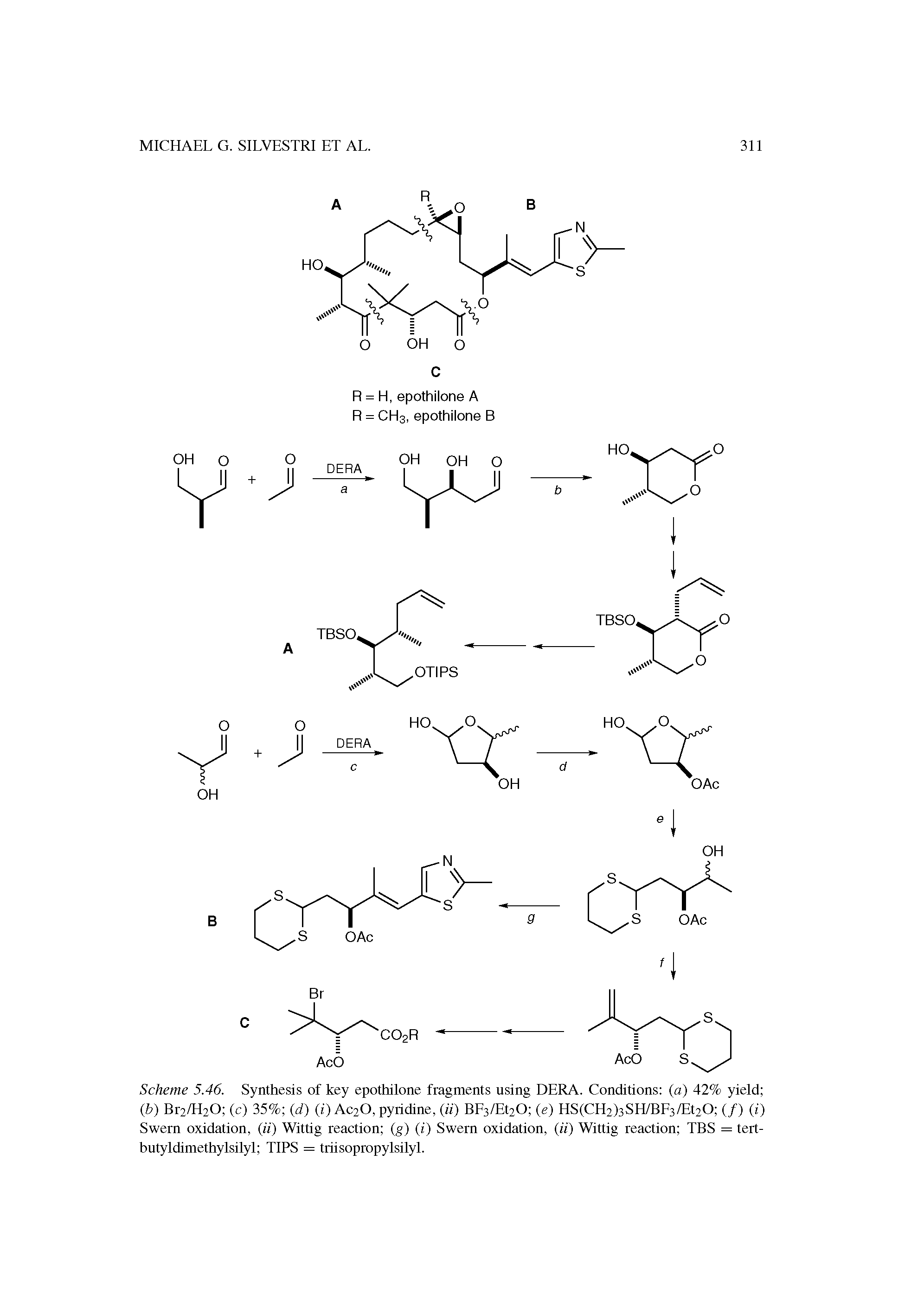 Scheme 5.46. Synthesis of key epothilone fragments using DERA. Conditions (a) 42% yield (b) Br2/H20 (c) 35% (d) (i) Ac20, pyridine, (ii) BF3/Et20 (e) HS(CH2)3SH/BF3/Et20 (/) (i) Swern oxidation, (ii) Wittig reaction (g) (i) Swern oxidation, (ii) Wittig reaction TBS = tert-butyldimethylsilyl TIPS = triisopropylsilyl.