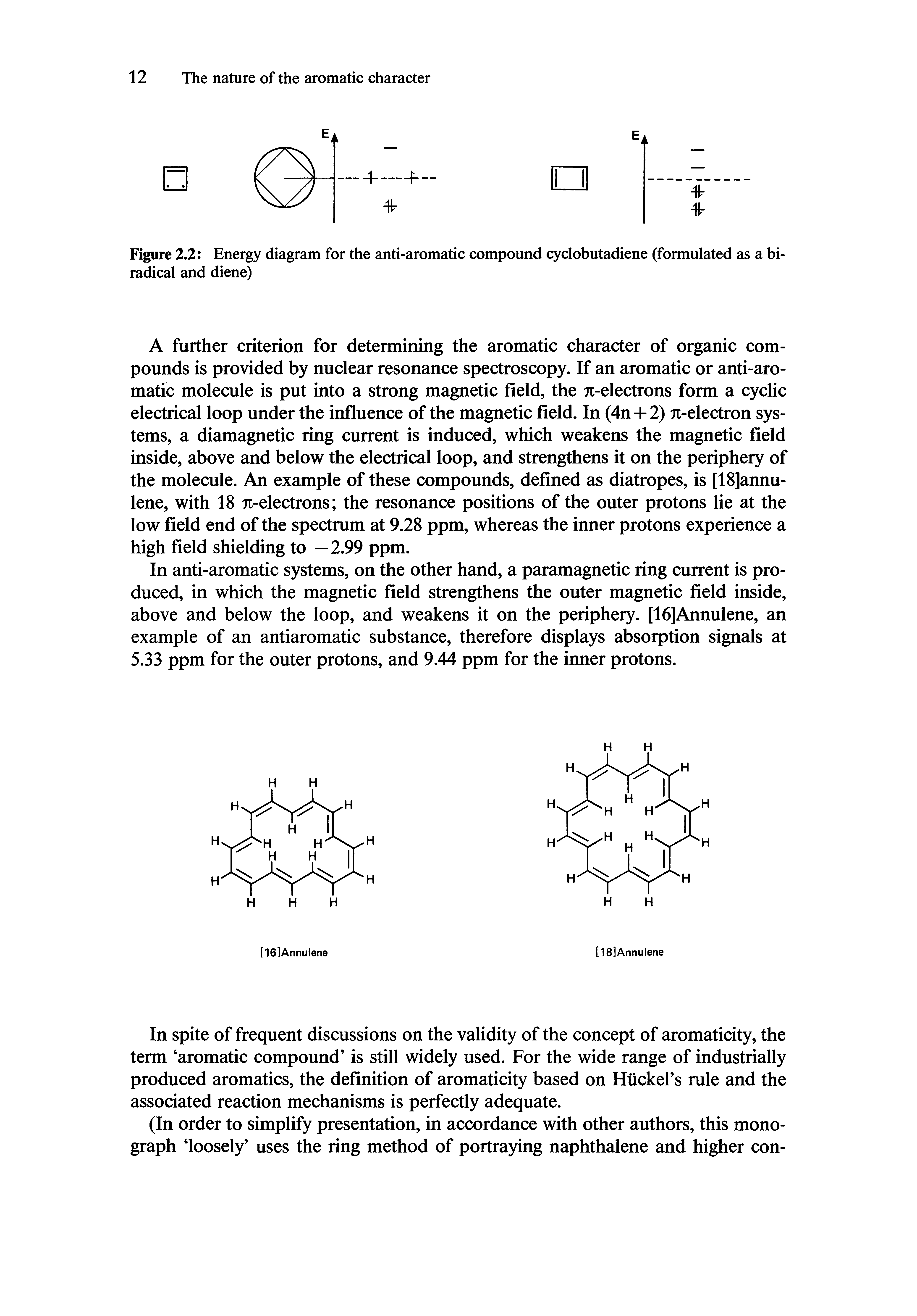 Figure 2.2 Energy diagram for the anti-aromatic compound cyclobutadiene (formulated as a biradical and diene)...