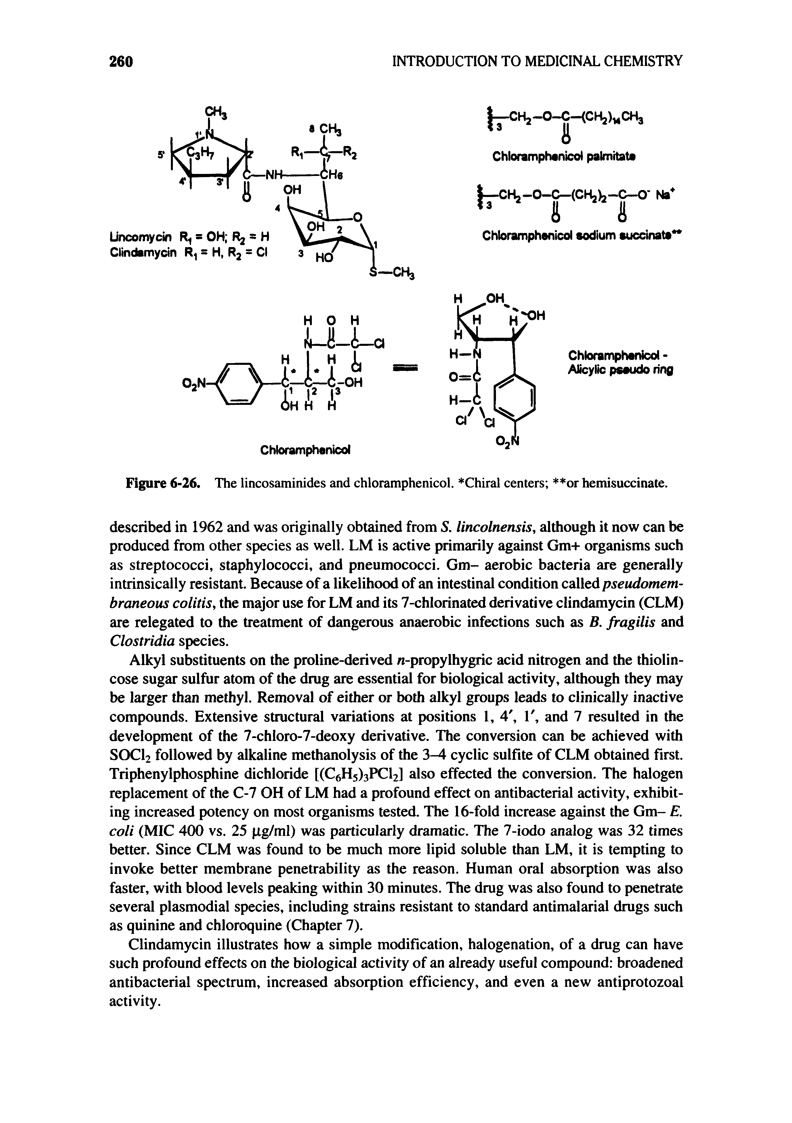 Figure 6-26. The lincosaminides and chloramphenicol. Chiral centers or hemisuccinate.