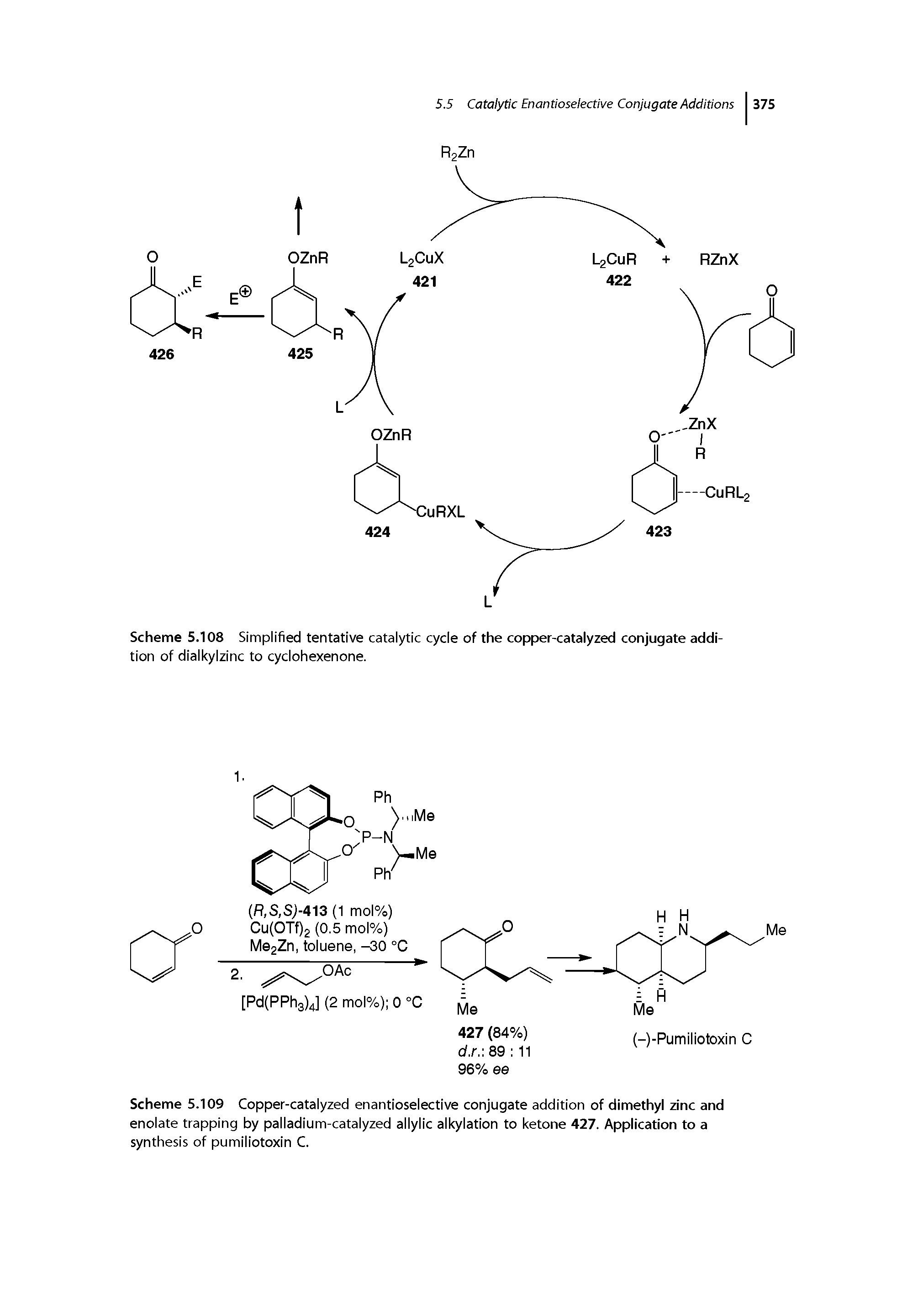 Scheme 5.109 Copper-catalyzed enantioselective conjugate addition of dimethyl zinc and enolate trapping by palladium-catalyzed allylic alkylation to ketone 427. Application to a synthesis of pumiliotoxin C.