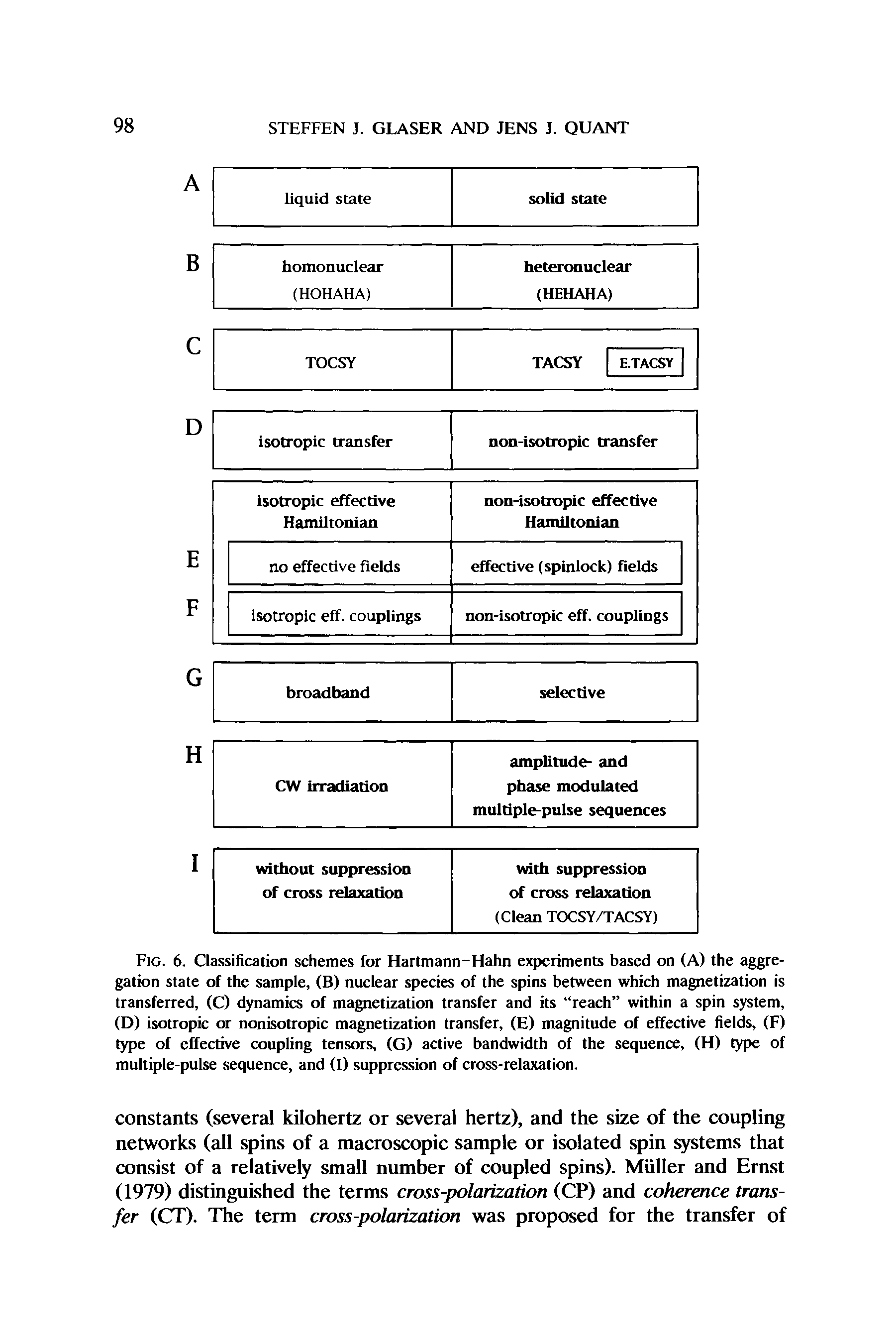 Fig. 6. Classification schemes for Hartmann-Hahn experiments based on (A) the aggregation state of the sample, (B) nuclear species of the spins between which magnetization is transferred, (C) dynamics of magnetization transfer and its reach within a spin system, (D) isotropic or nonisotropic magnetization transfer, (E) magnitude of effective fields, (F) type of effective coupling tensors, (G) active bandwidth of the sequence, (H) type of multiple-pulse sequence, and (I) suppression of cross-relaxation.