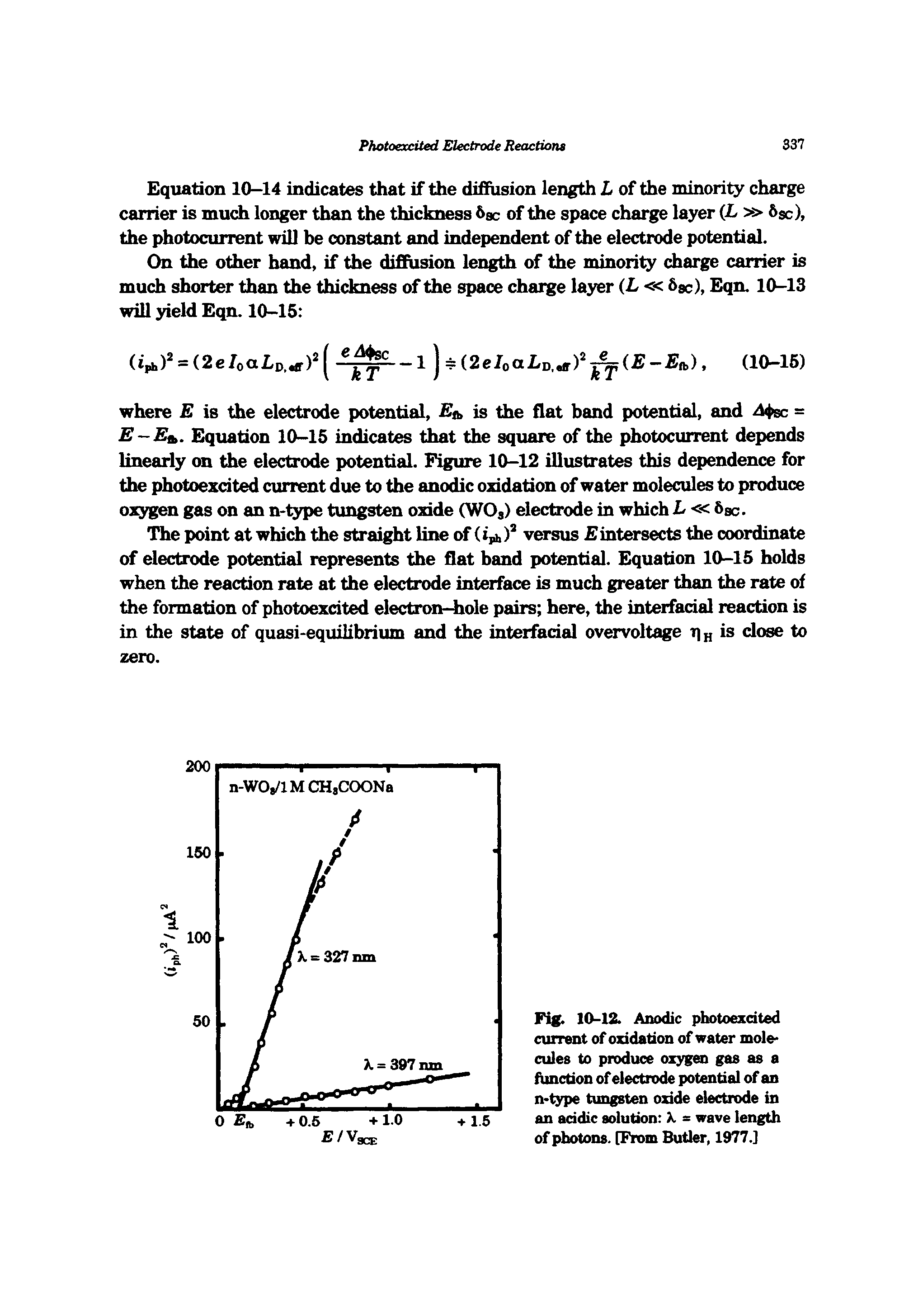 Fig. 10-12. Anodic photoexcited current of oxidation of water mole cules to produce oxygen gas as a function of electrode potential of an n-type tungsten oxide electrode in an acidic solution X. = wave length of photons. [From Butler, 1977.]...