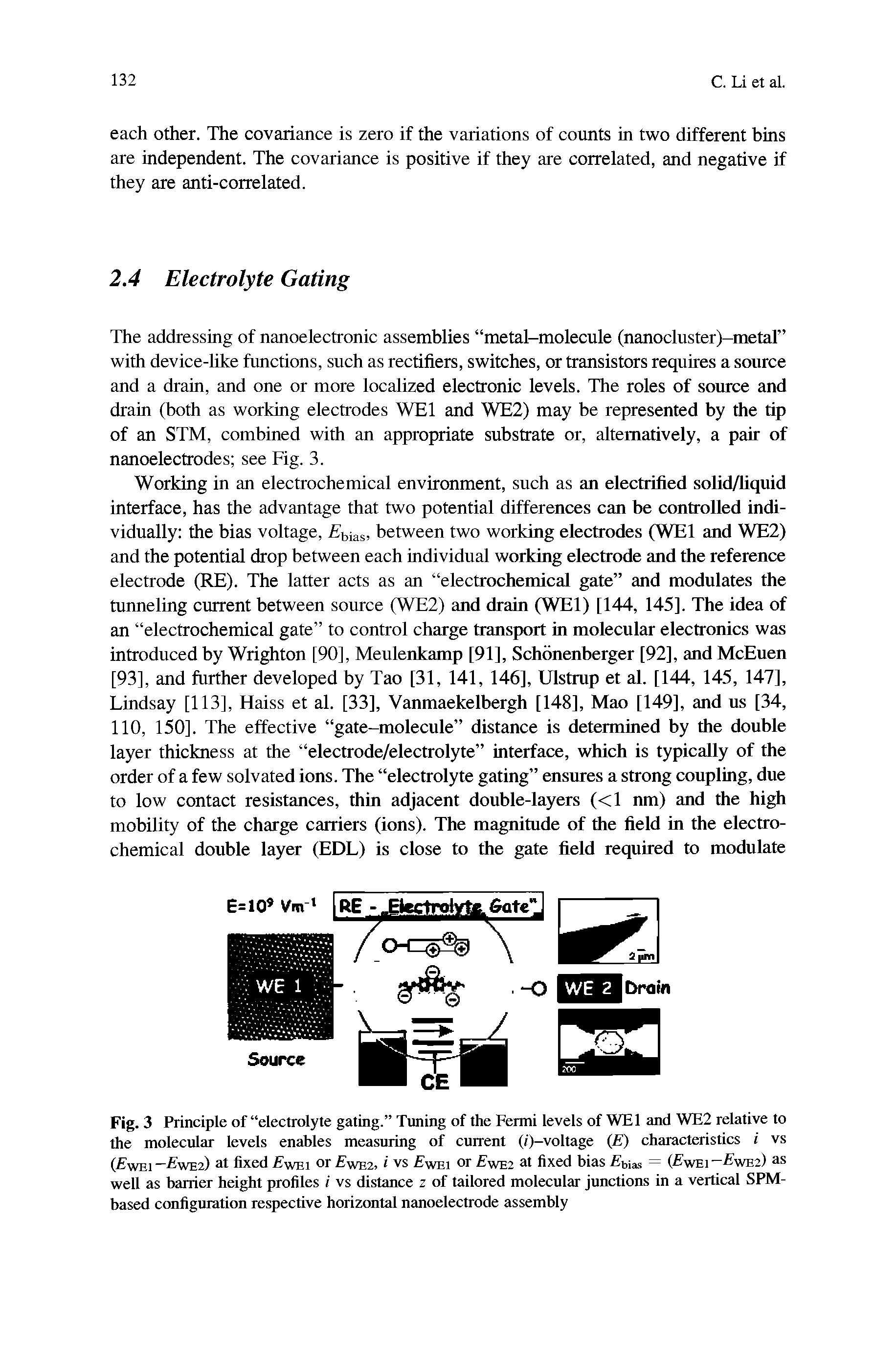 Fig. 3 Principle of electrolyte gating. Tuning of the Fermi levels of WEI and WE2 relative to the molecular levels enables measuring of current (0-voltage (E) characteristics i vs ( wei -L we2) at fixed wei or we2, i vs wei or we2 at fixed bias Ebias = ( wei -Ewe2> as well as barrier height profiles i vs distance z of tailored molecular junctions in a vertical SPM-based configuration respective horizontal nanoelectrode assembly...