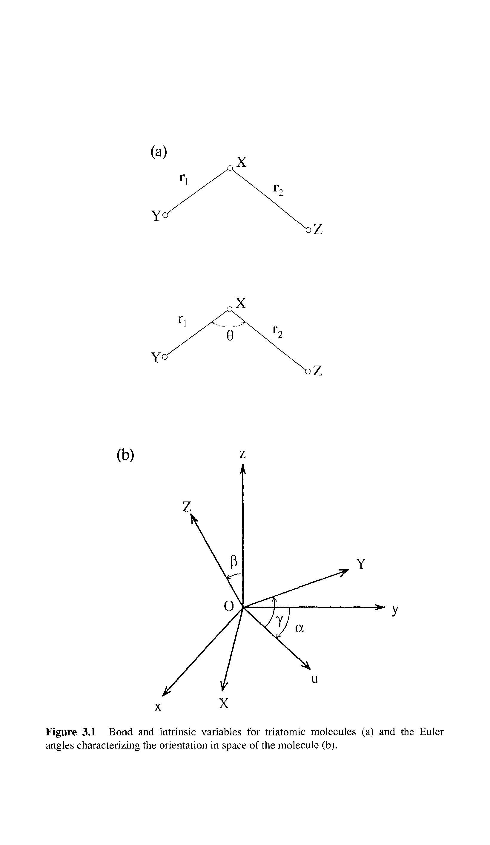 Figure 3.1 Bond and intrinsic variables for triatomic molecules (a) and the Euler angles characterizing the orientation in space of the molecule (b).
