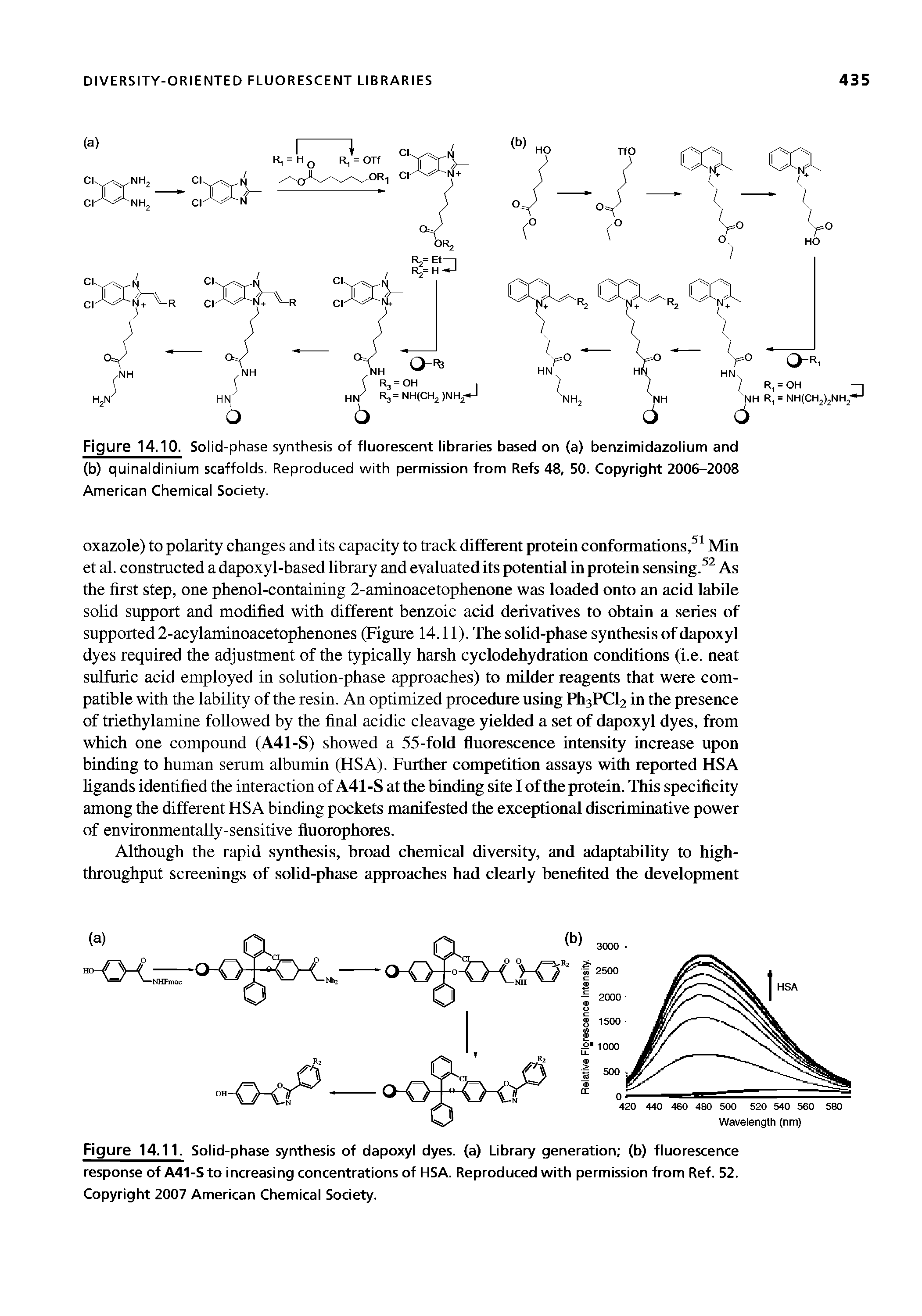 Figure 14.10. Solid-phase synthesis of fluorescent libraries based on (a) benzimidazolium and (b) quinaldinium scaffolds. Reproduced with permission from Refs 48, 50. Copyright 2006-2008 American Chemical Society.