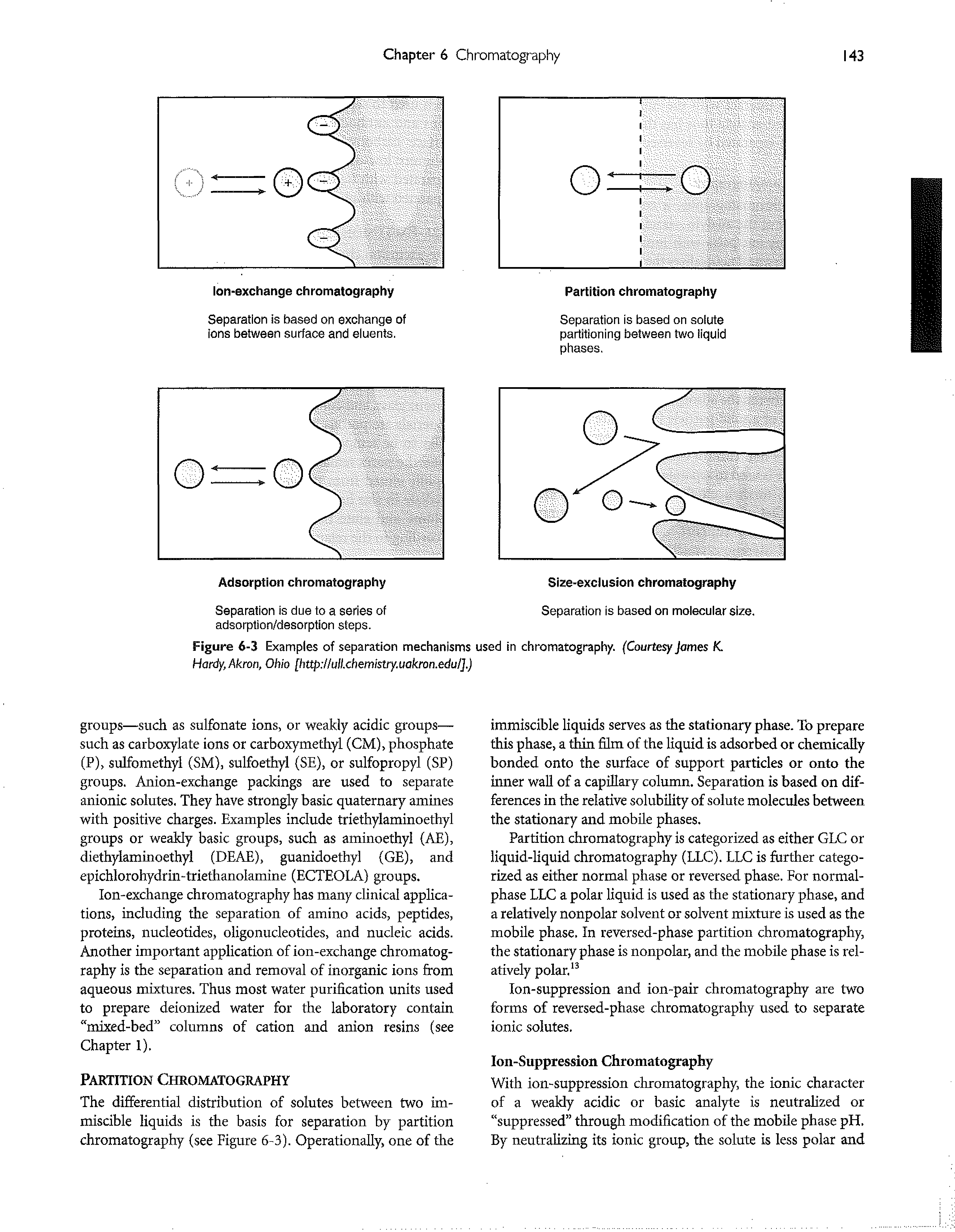 Figure 6-3 Examples of separation mechanisms used in chromatography. (Courtesy James K. Hardy, Akron, Ohio [http //uli.cbemistry.uakron.edu/].)...