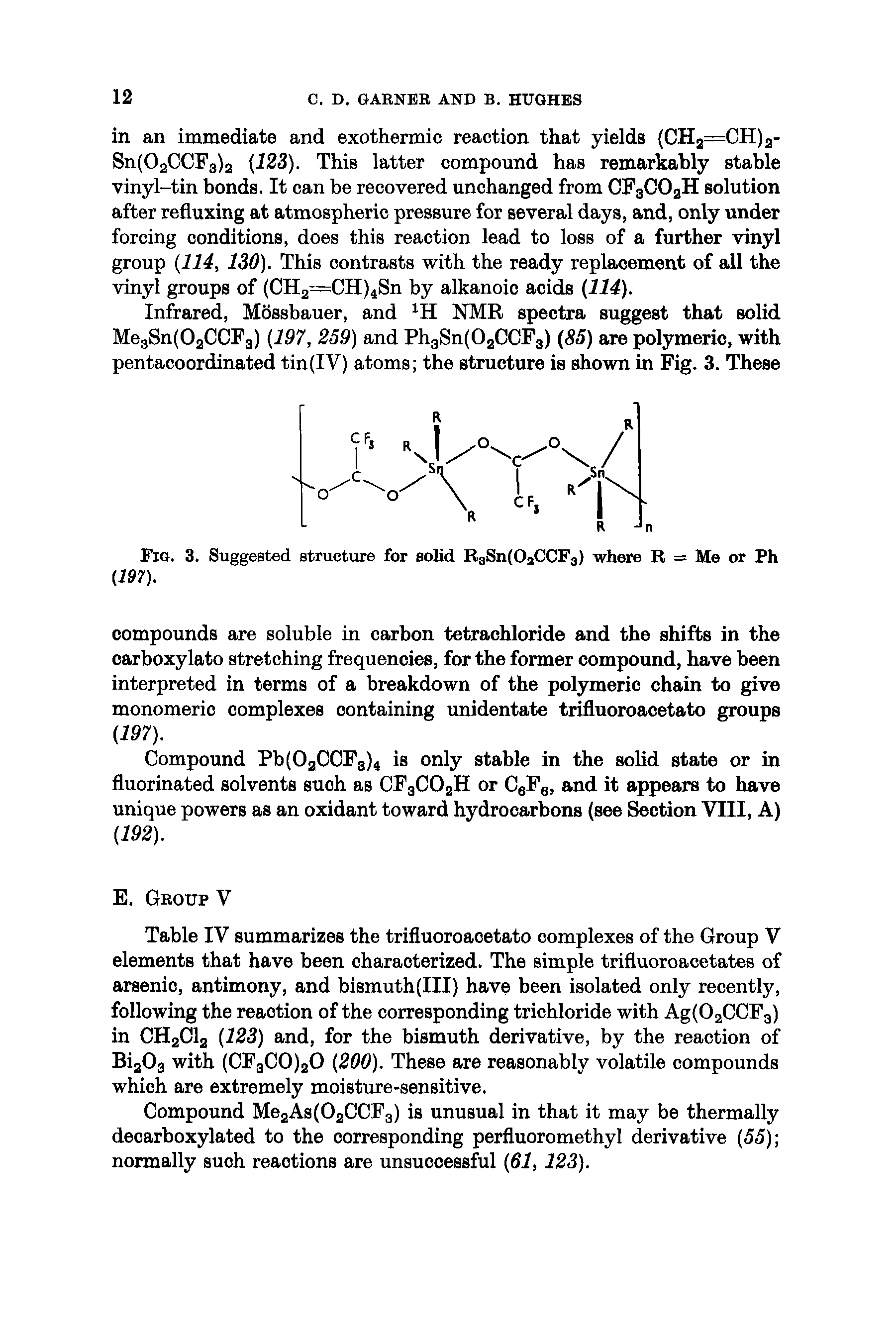 Table IV summarizes the trifluoroacetato complexes of the Group V elements that have been characterized. The simple trifluoroacetates of arsenic, antimony, and bismuth(III) have been isolated only recently, following the reaction of the corresponding trichloride with Ag(02CCF3) in CH2CI2 (123) and, for the bismuth derivative, by the reaction of Bi203 with (CFaCO)aO (200). These are reasonably volatile compounds which are extremely moisture-sensitive.