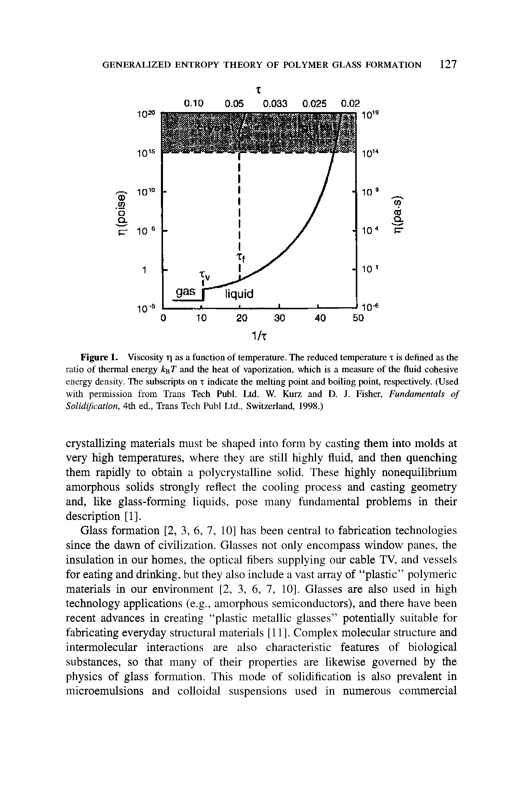 Figure 1. Viscosity T as a function of temperature. The reduced temperature t is defined as the ratio of thermal energy k T and the heat of vaporization, which is a measure of the fluid cohesive energy density. The subscripts on r indicate the melting point and boiling point, respectively. (Used with permission from Trans Tech Publ. Ltd. W. Kurz and D. J. Fisher, Fundamentals of Solidification, 4th ed., Trans Tech Publ Ltd., Switzerland, 1998.)...