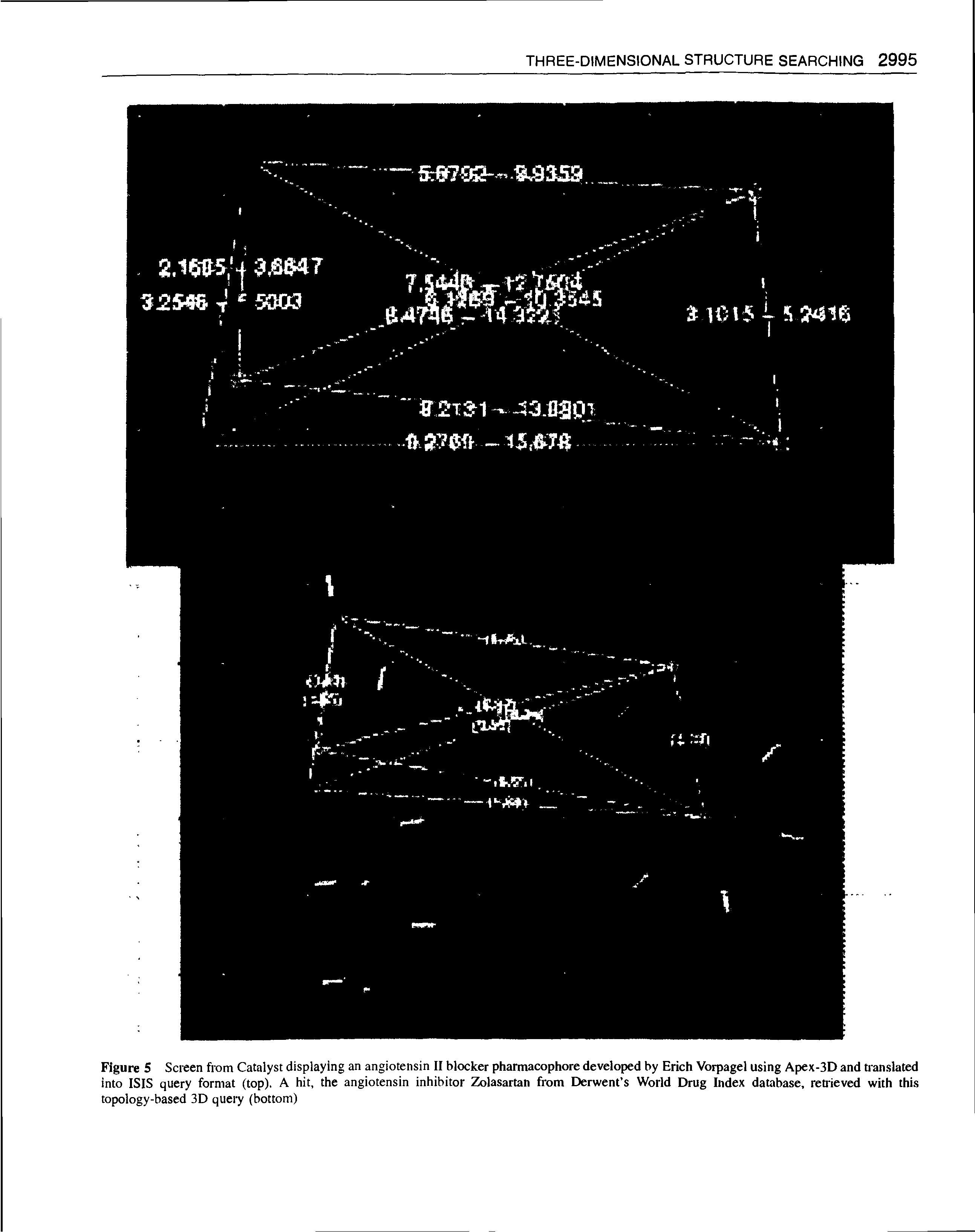 Figure S Screen from Catalyst displaying an angiotensin II blocker pharmacophore developed by Erich Vorpagel using Apex-3D and translated into ISIS query format (top), A hit, the angiotensin inhibitor Zolasartan from Derwent s World Drug Index database, retrieved with this topology-based 3D query (bottom)...