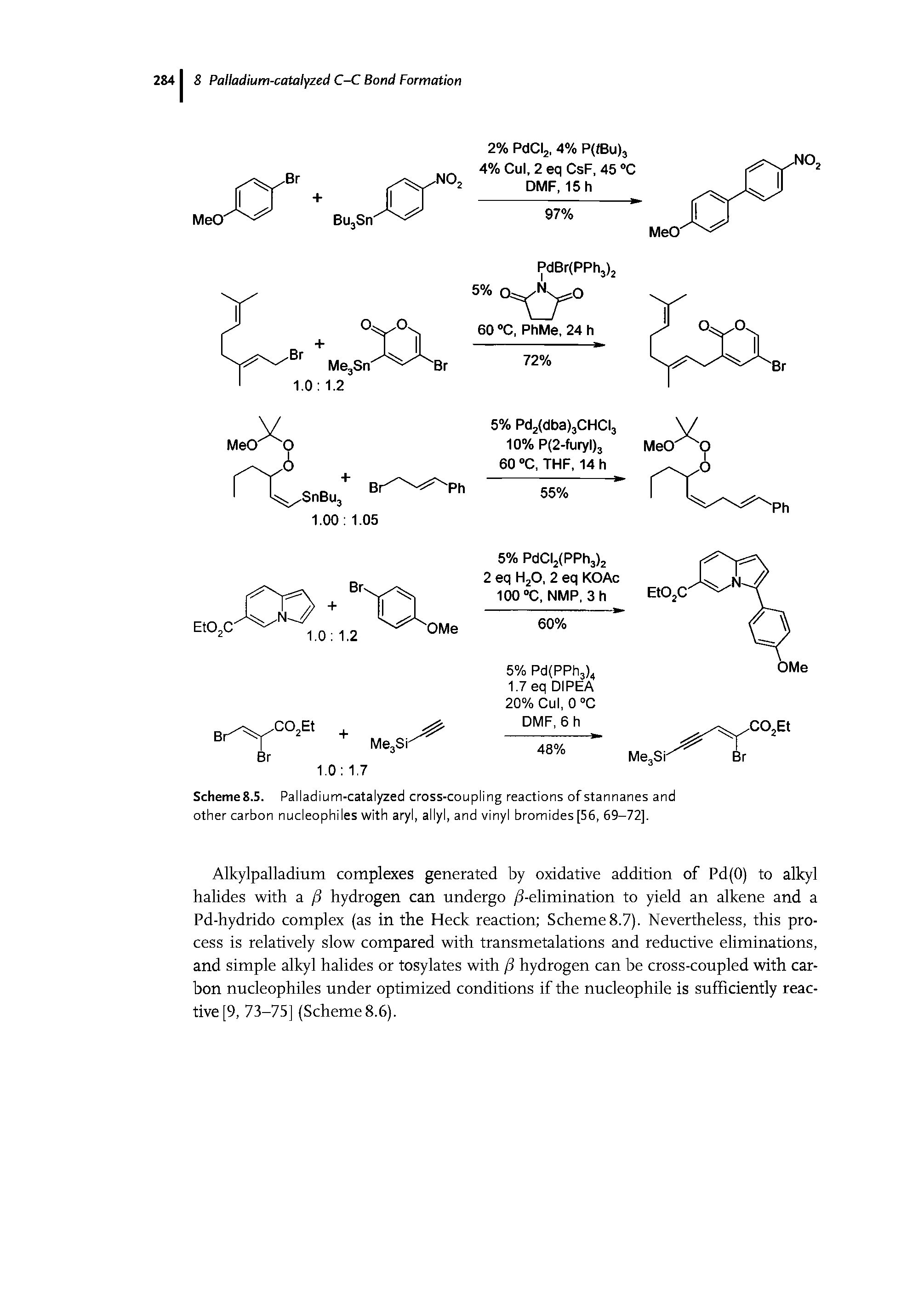 Scheme8.5. Palladium-catalyzed cross-coupling reactions of stannanes and other carbon nucleophiles with aryl, allyl, and vinyl bromides [56, 69-72],...