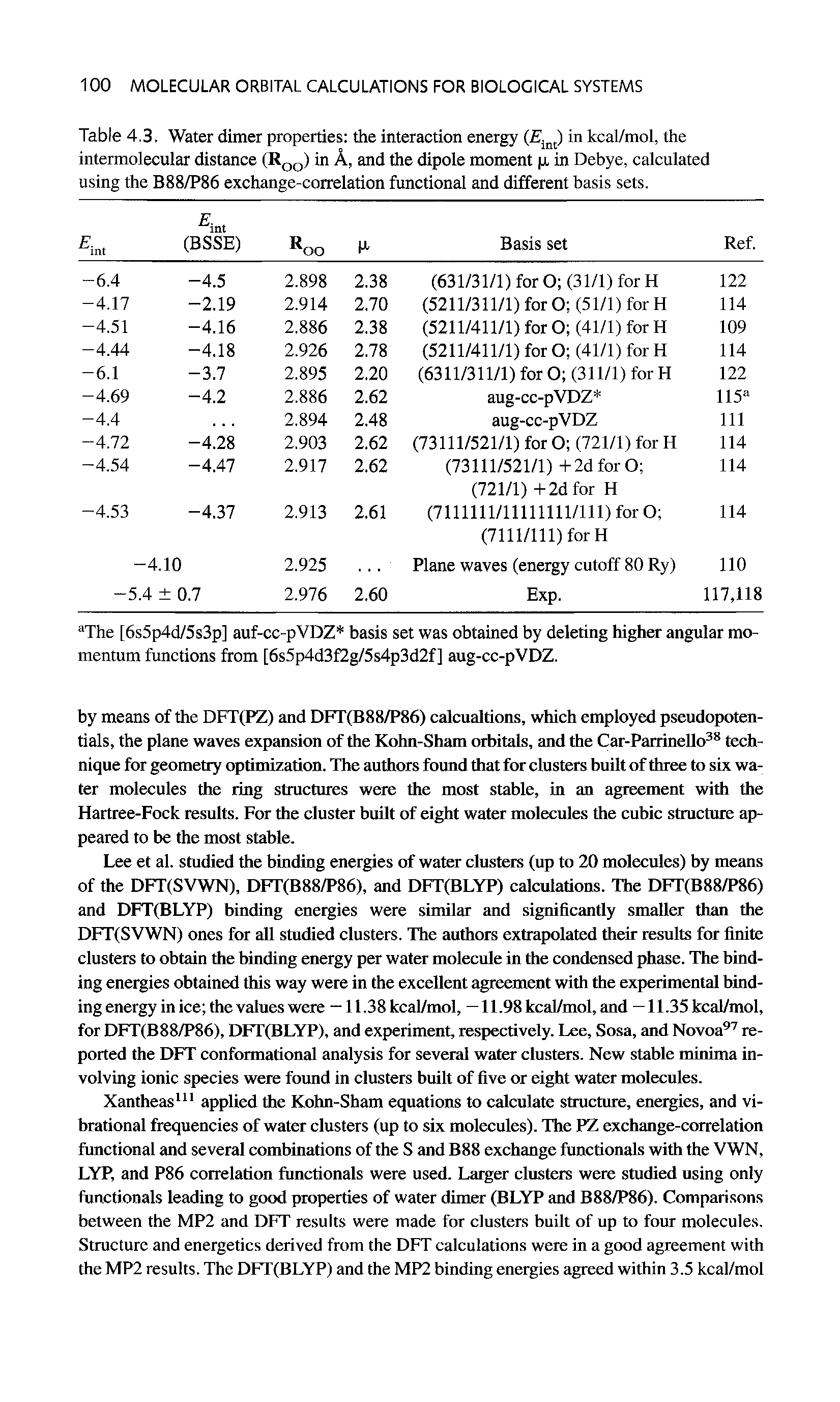 Table 4.3. Water dimer properties the interaction energy (Ei t) in kcal/mol, the intermolecular distance (R00) in A, and the dipole moment p. in Debye, calculated using the B88/P86 exchange-correlation functional and different basis sets.
