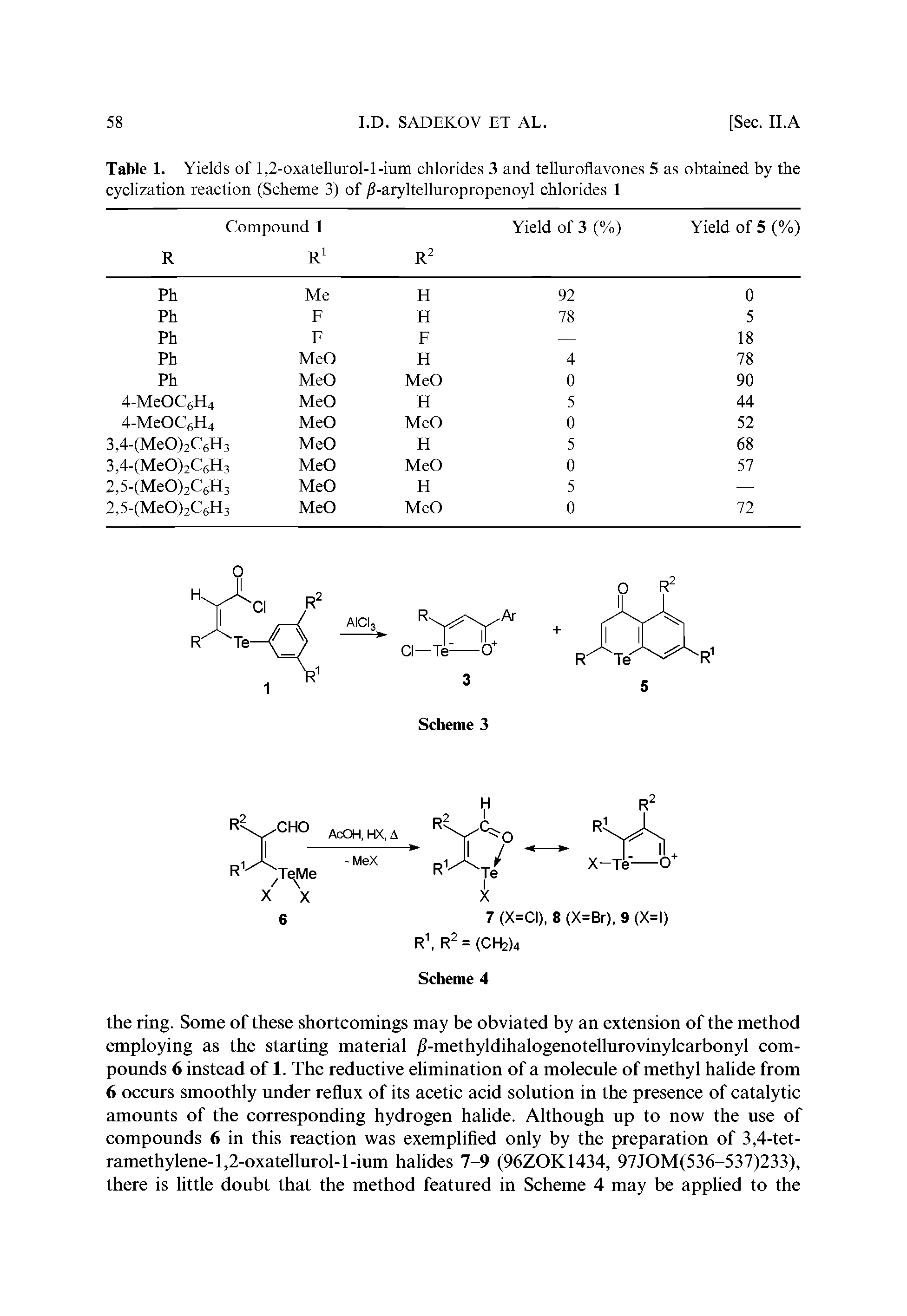 Table 1. Yields of 1,2-oxatellurol-l-ium chlorides 3 and telluroflavones 5 as obtained by the cyclization reaction (Scheme 3) of / -aryltelluropropenoyl chlorides 1...