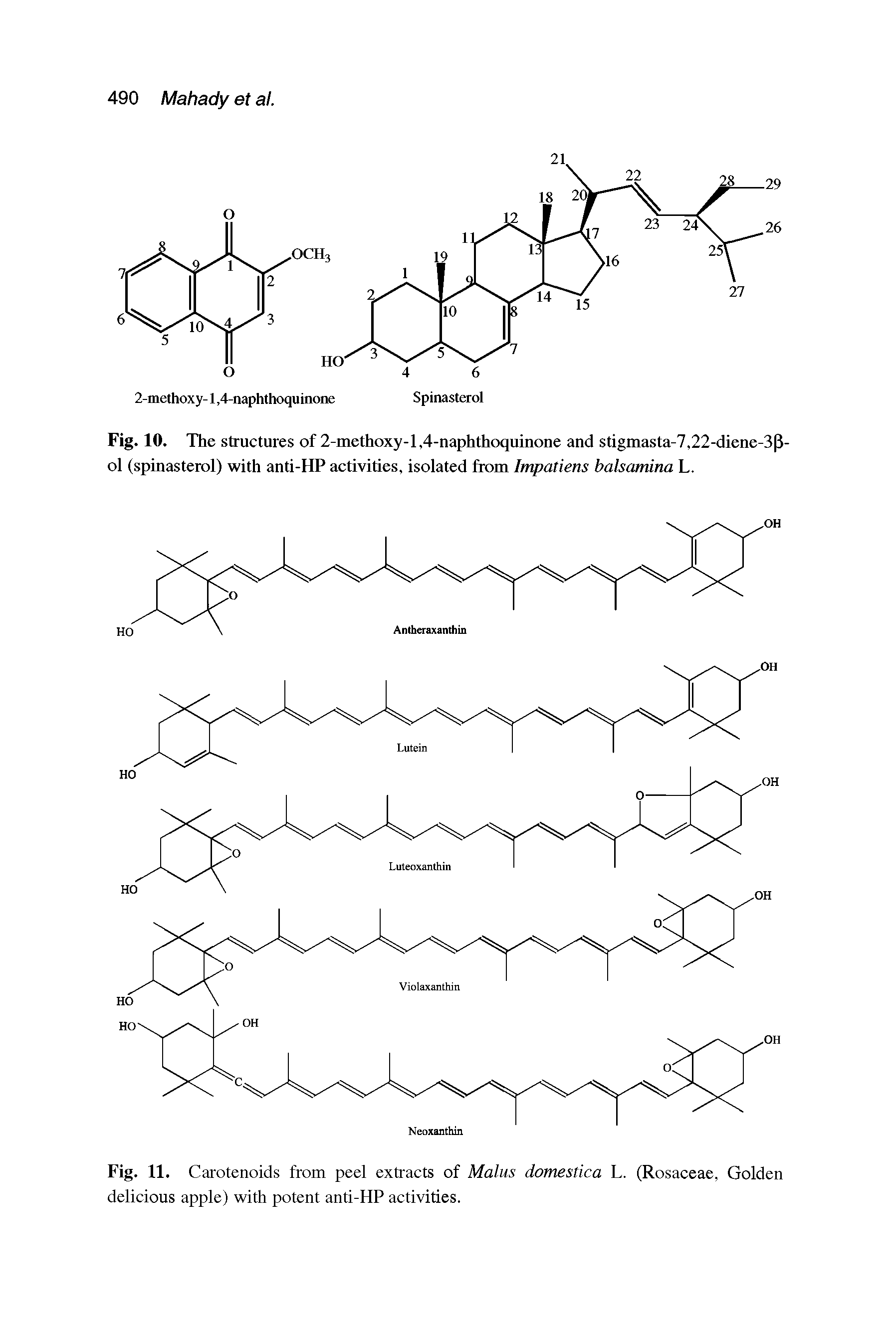 Fig. 10. The structures of 2-methoxy-1,4-naphthoquinone and stigmasta-7,22-diene-3P-ol (spinasterol) with anti-HP activities, isolated from Impatiens balsamina L.