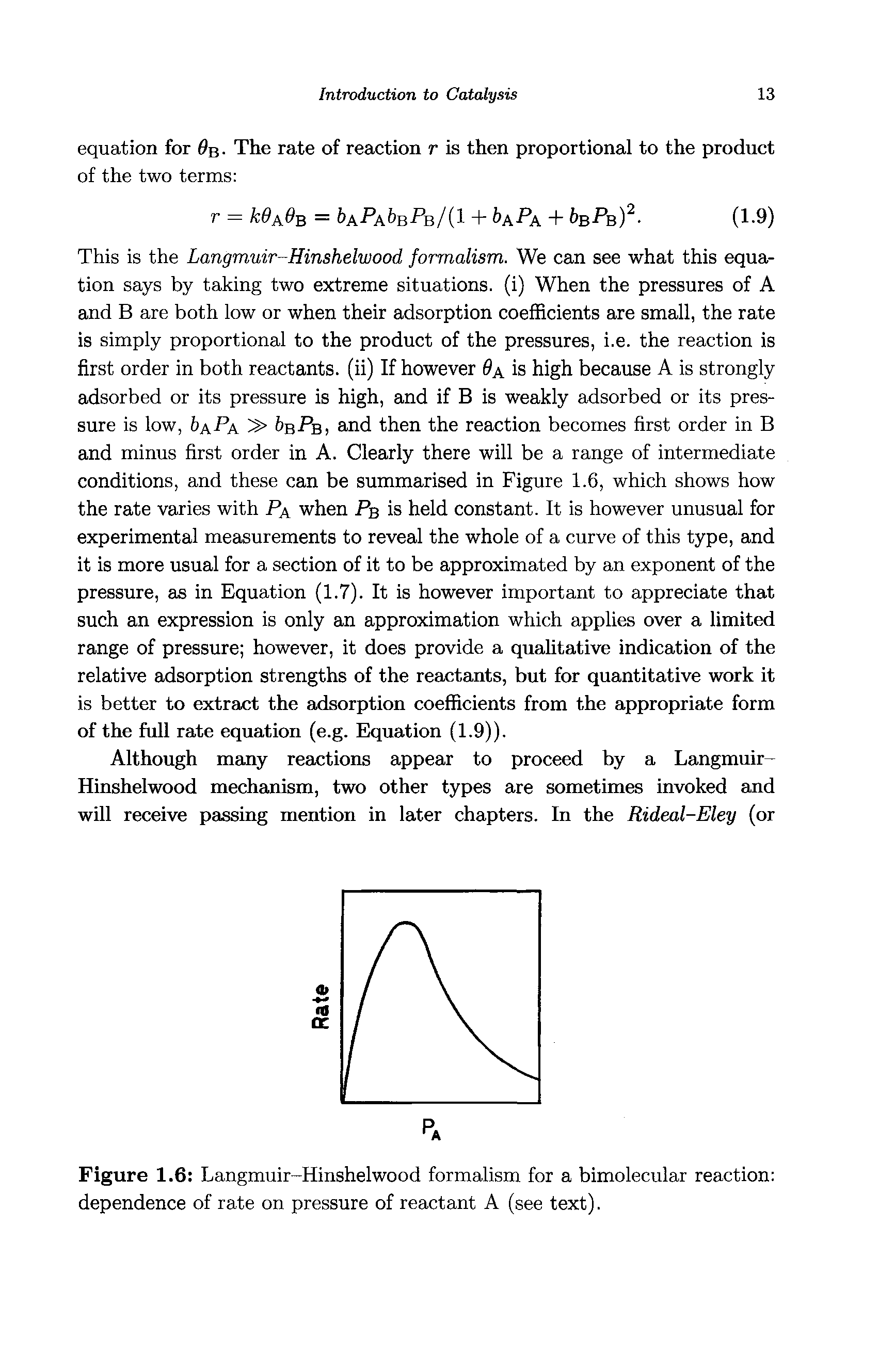 Figure 1.6 Langmuir-Hinshelwood formalism for a bimolecular reaction dependence of rate on pressure of reactant A (see text).