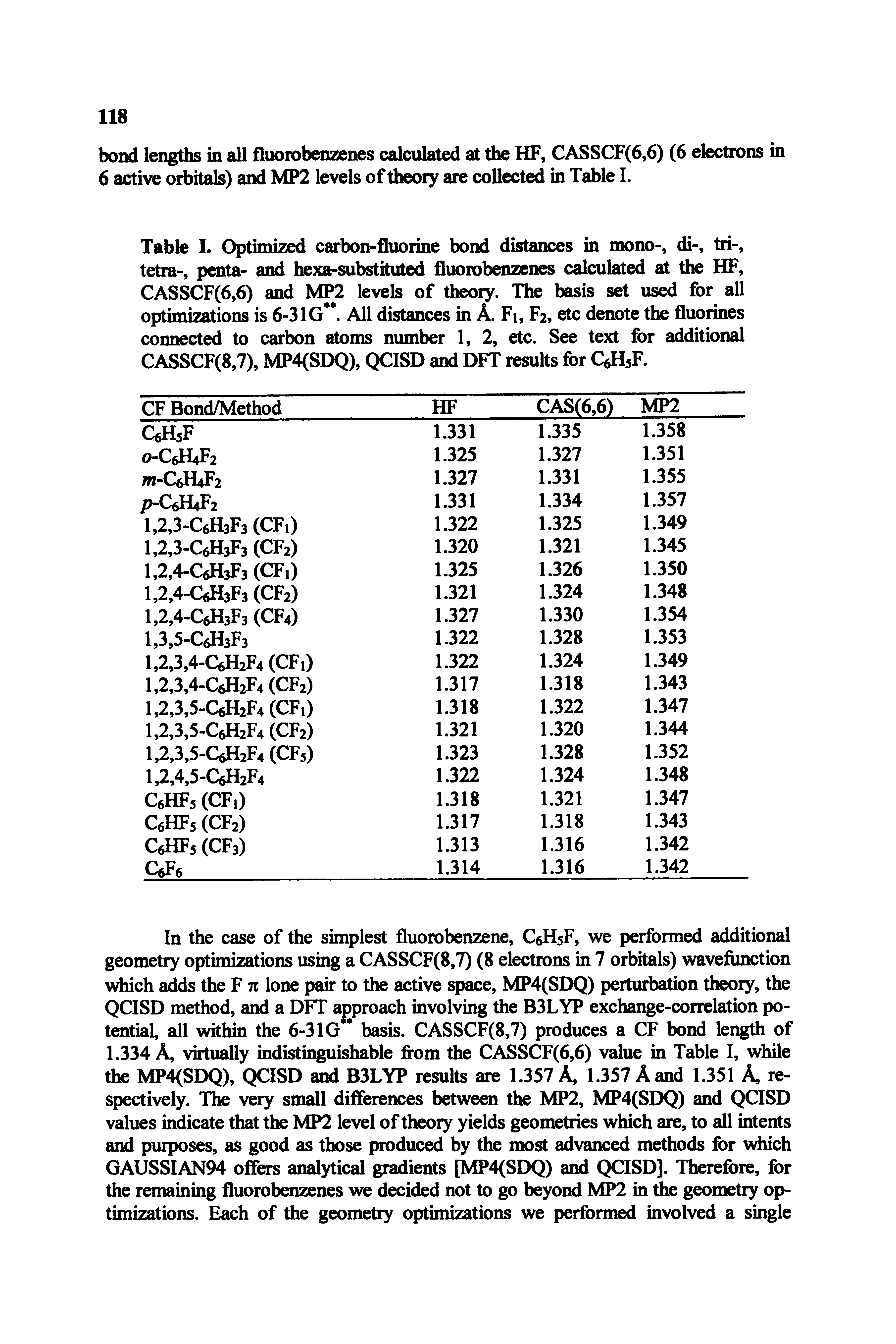 Table I. Optimized carbon-fluorine bond distances in mono-, di-, tri-, tetra-, penta- and hexa-substituted fluorobenzenes calculated at the HF, CASSCF(6,6) and MP2 levels of theory. The basis set used for all optimizations is 6-31G. All distances in A. Fi, F2, etc denote the fluorines connected to carbon atoms number 1, 2, etc. See text for additional CASSCF(8,7), MP4(SDQ), QCISD and DFT results for QH5F.