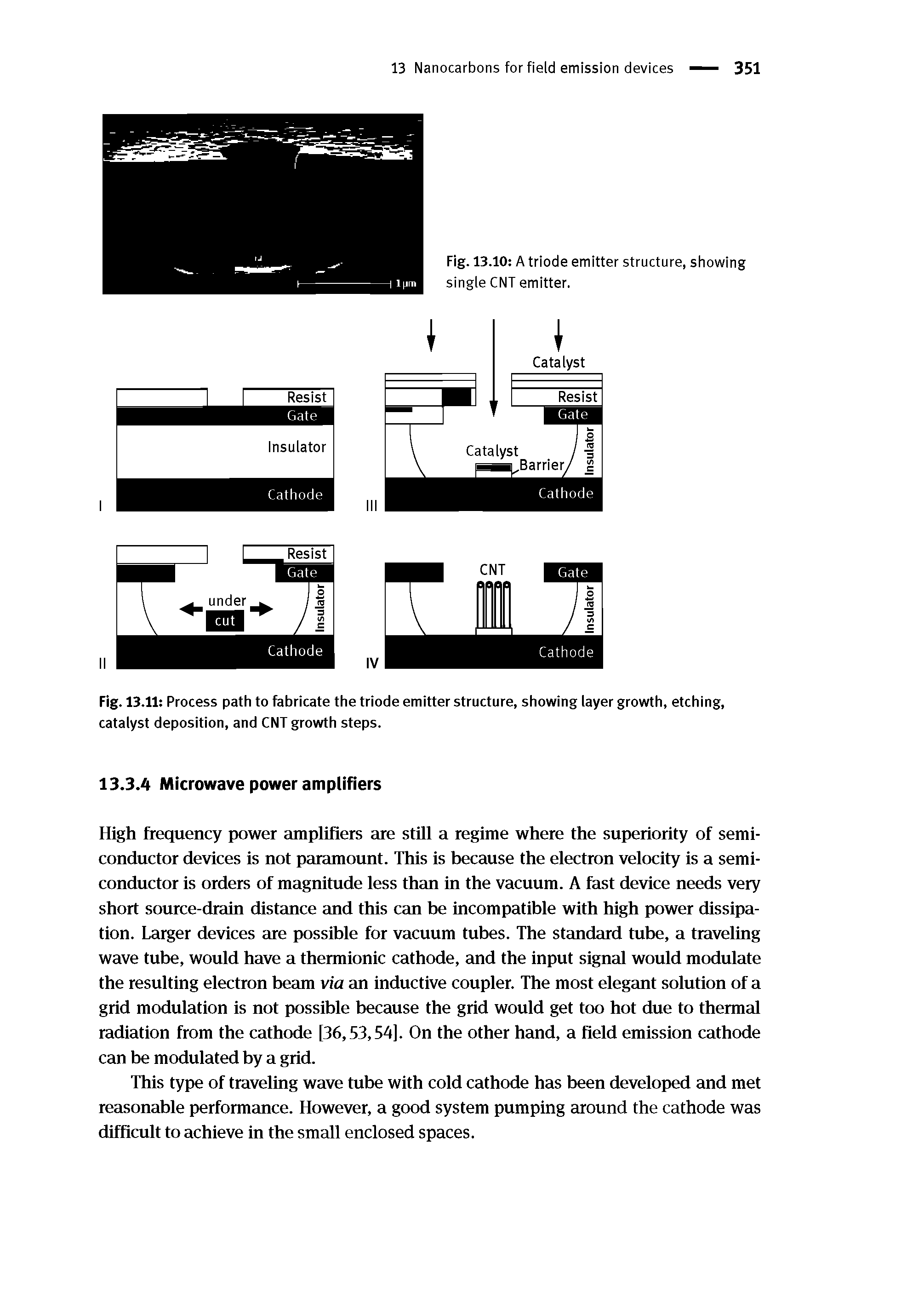 Fig. 13.11 Process path to fabricate the triode emitter structure, showing layer growth, etching, catalyst deposition, and CNT growth steps.