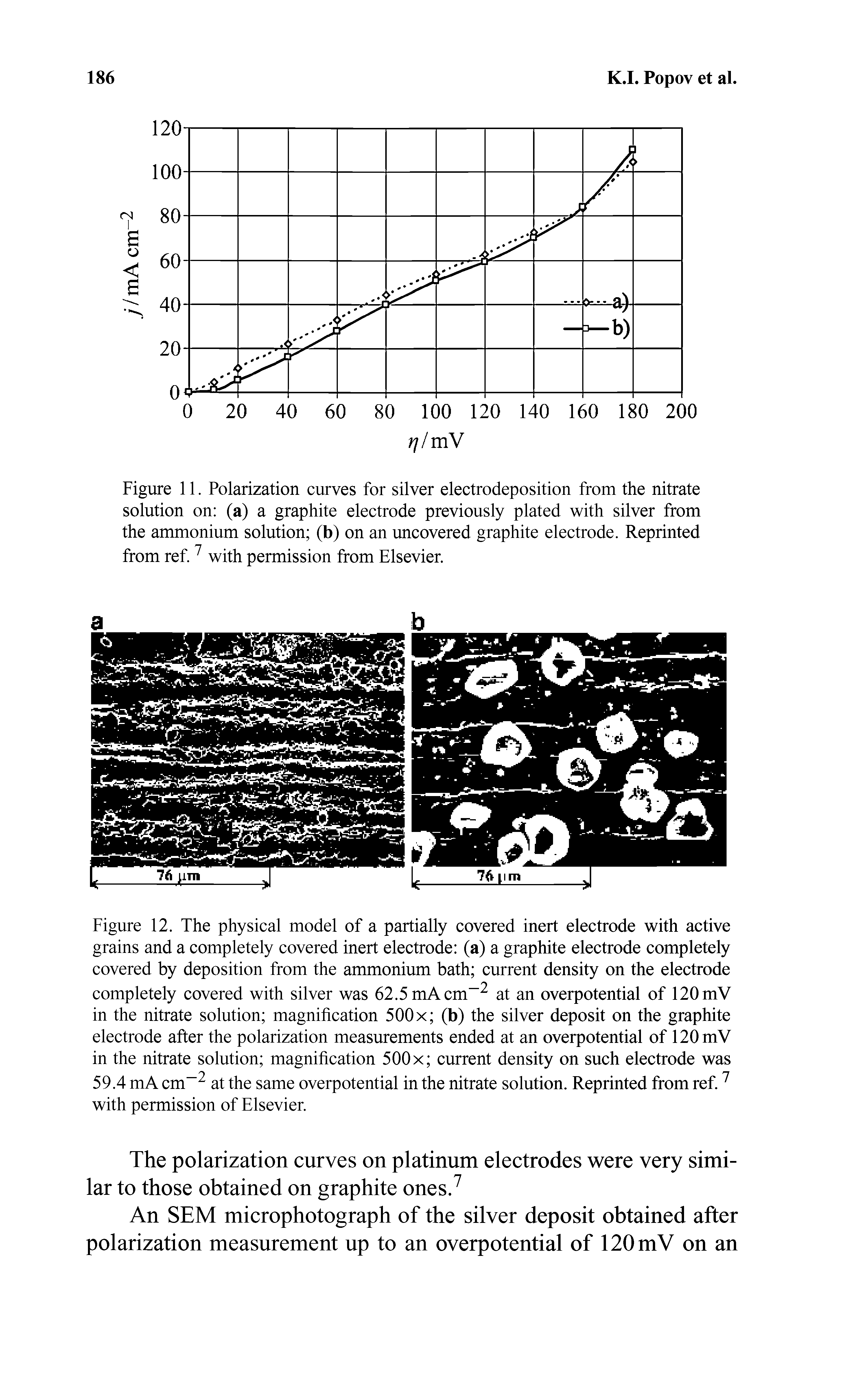 Figure 12. The physical model of a partially covered inert electrode with active grains and a completely covered inert electrode (a) a graphite electrode completely covered by deposition from the ammonium bath current density on the electrode completely covered with silver was 62.5 mA cm-2 at an overpotential of 120 mV in the nitrate solution magnification 500 x (b) the silver deposit on the graphite electrode after the polarization measurements ended at an overpotential of 120 mV in the nitrate solution magnification 500 x current density on such electrode was 59.4 mA cm-2 at the same overpotential in the nitrate solution. Reprinted from ref.7 with permission of Elsevier.