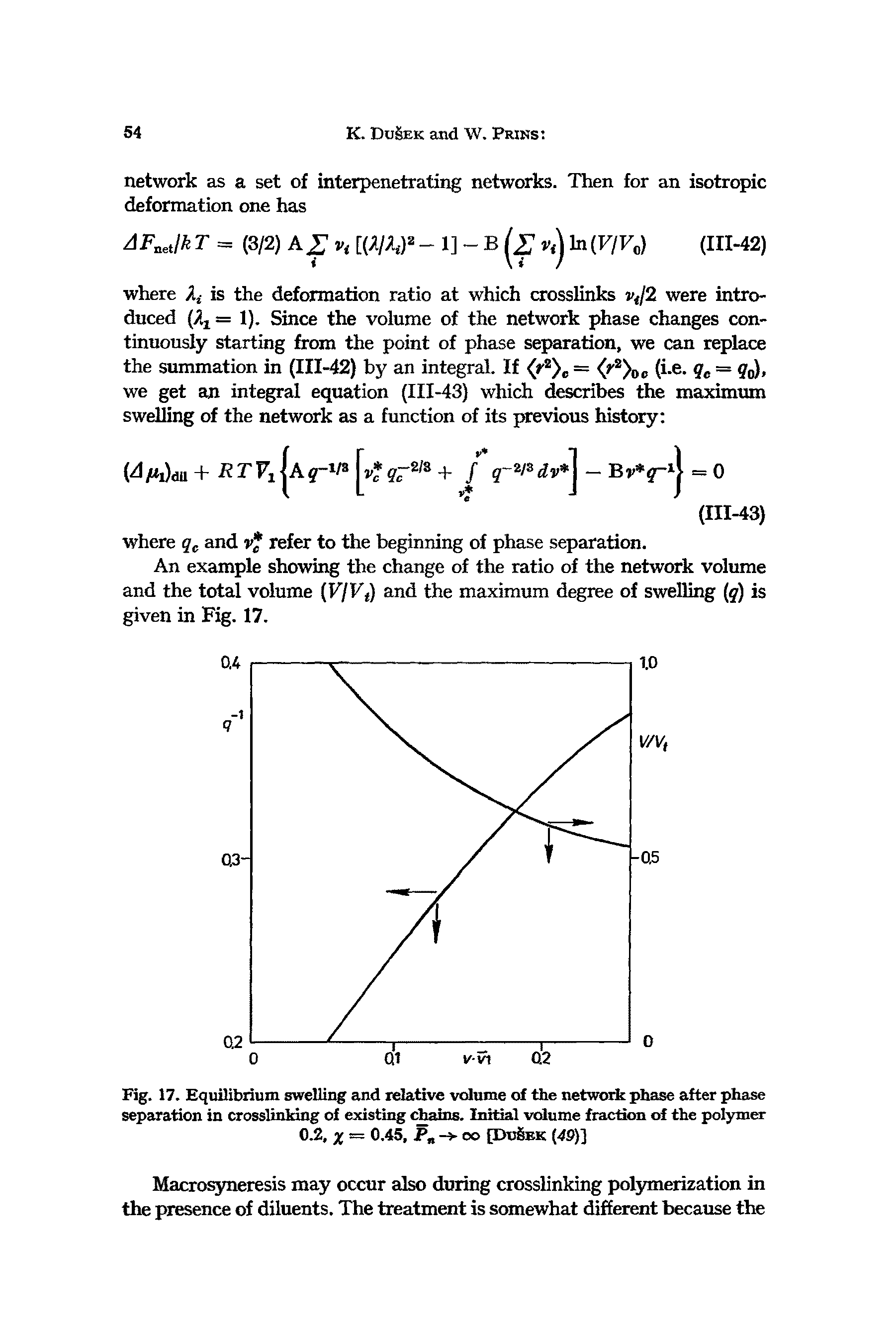 Fig. 17. Equilibrium swelling and relative volume of the network phase after phase separation in crosslinking of existing chains. Initial volume fraction of the polymer 0.2, x = 0.45, P -> oo [DuSbk (49)]...