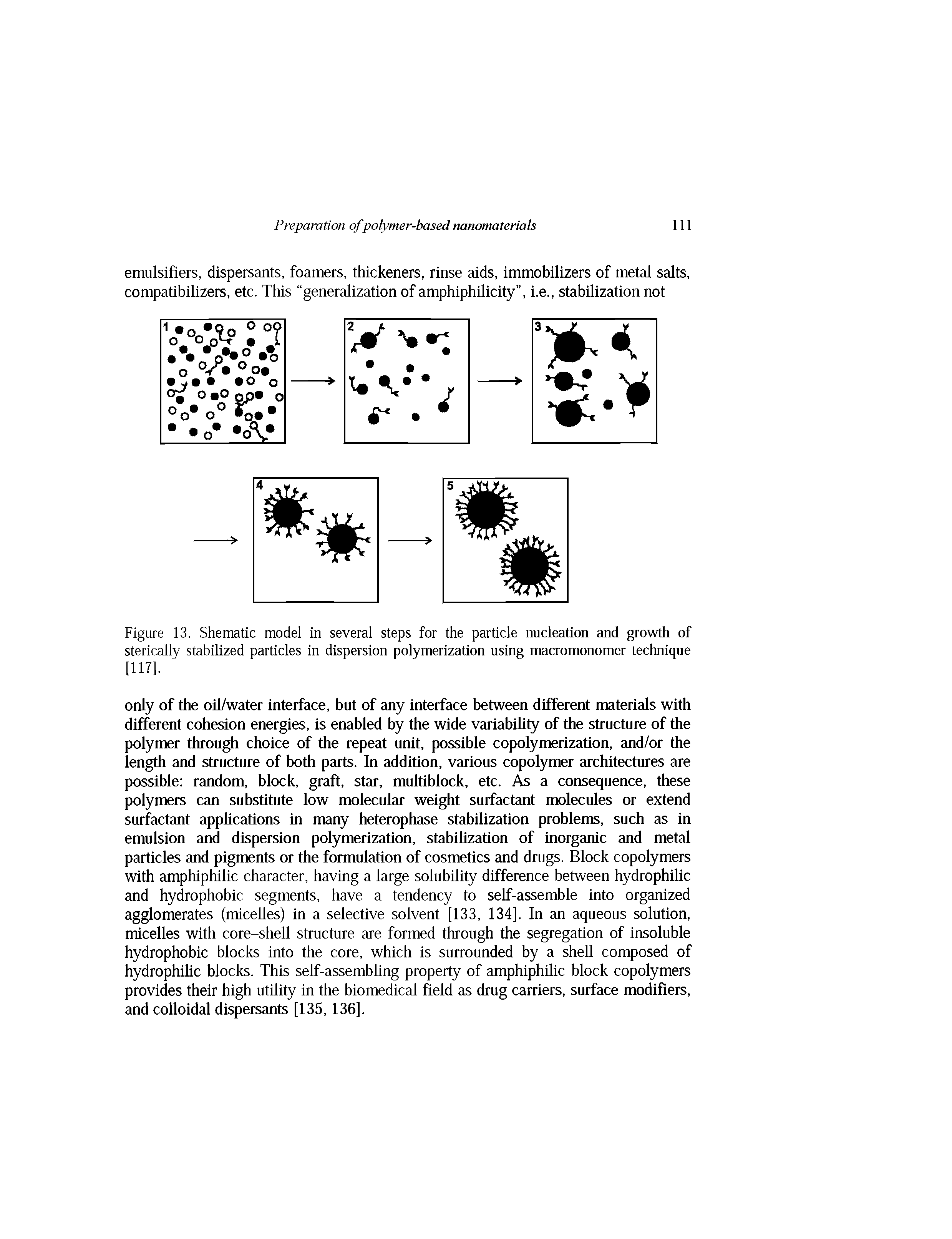 Figure 13. Shematic model in several steps for the particle nucleation and growth of sterically stabilized particles in dispersion polymerization using macromonomer technique [117].