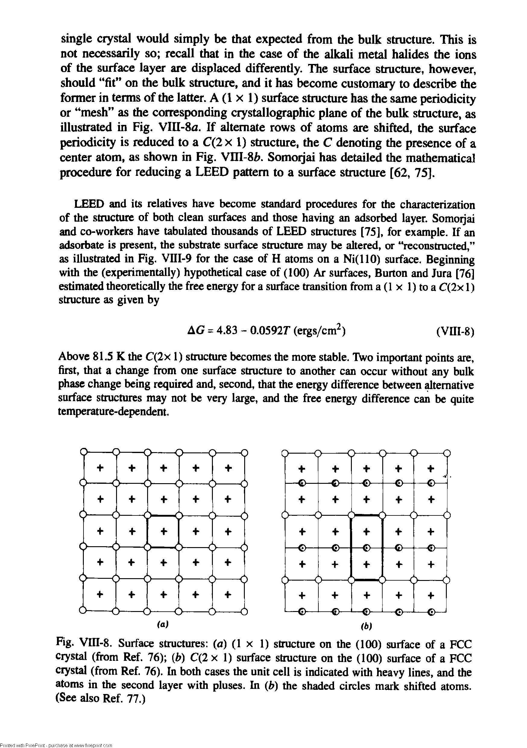 Fig. VIII-8. Surface structures (a) (1 x 1) structure on the (100) surface of a FCC crystal (from Ref. 76) (b) C(2 x 1) surface structure on the (100) surface of a FCC ciystal (from Ref. 76). In both cases the unit cell is indicated with heavy lines, and the atoms in the second layer with pluses. In (b) the shaded circles mark shifted atoms. (See also Ref. 77.)...