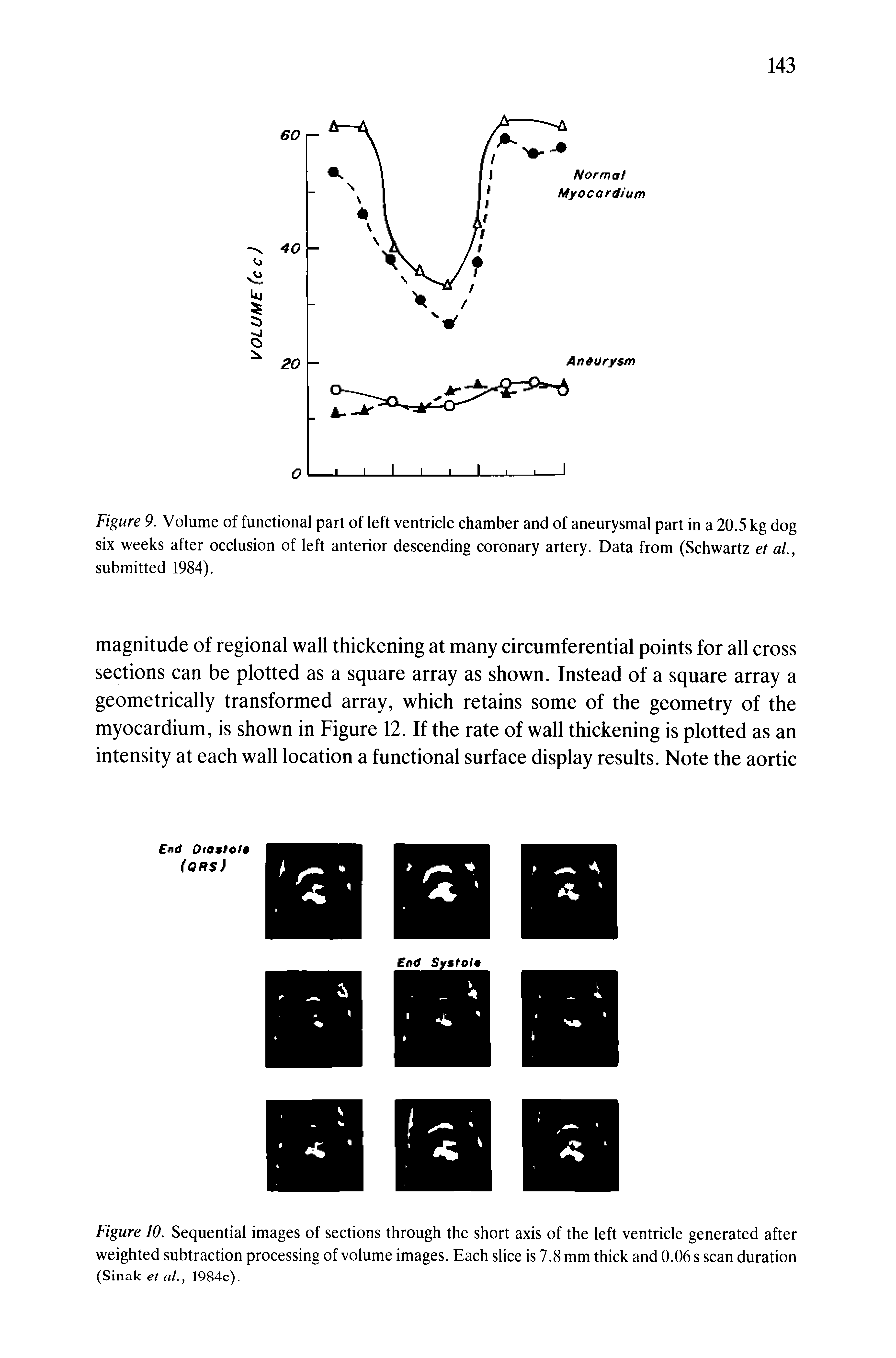 Figure 9. Volume of functional part of left ventricle chamber and of aneurysmal part in a 20.5 kg dog six weeks after occlusion of left anterior descending coronary artery. Data from (Schwartz et aL, submitted 1984).