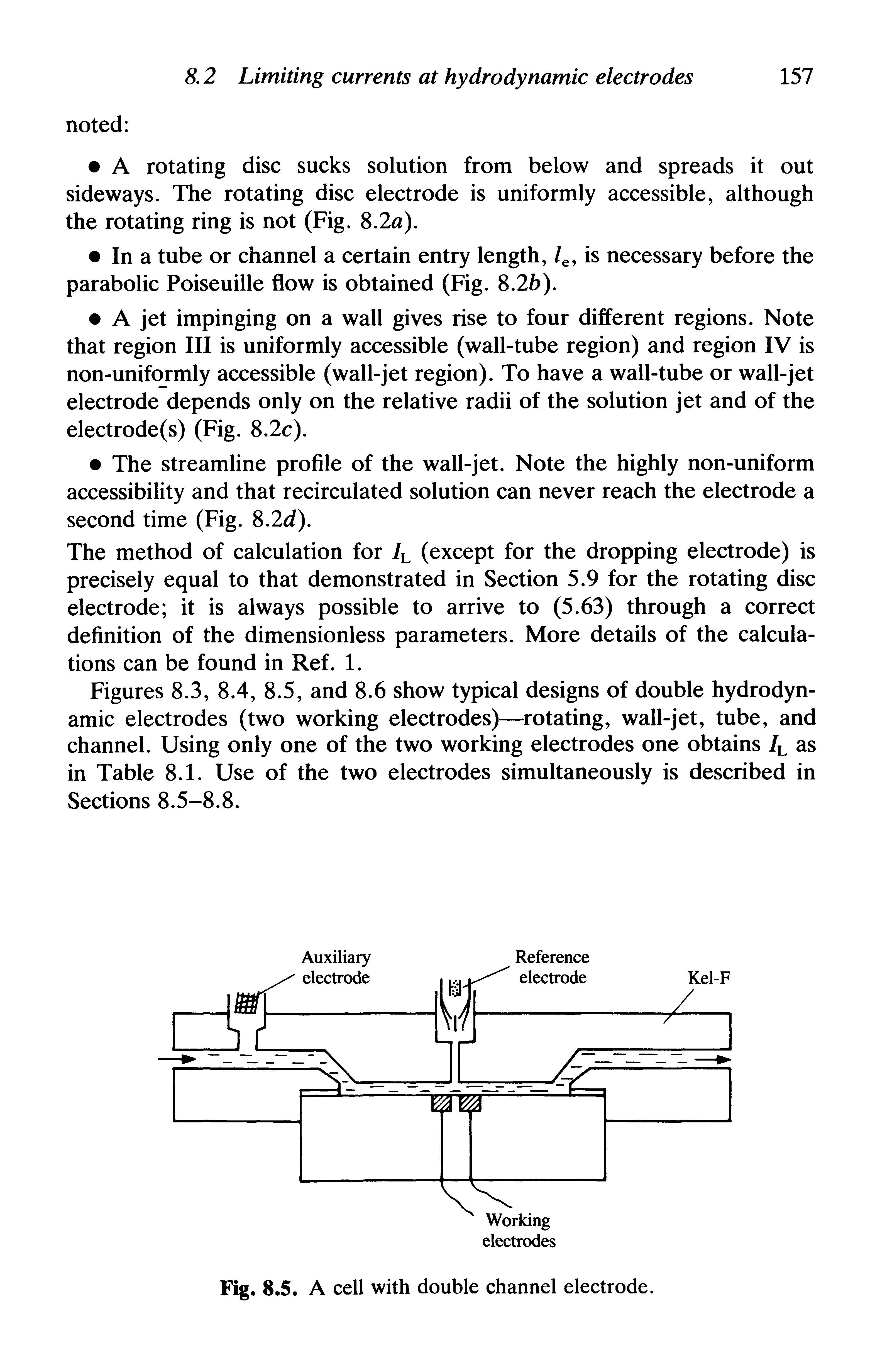 Figures 8.3, 8.4, 8.5, and 8.6 show typical designs of double hydrodynamic electrodes (two working electrodes)—rotating, wall-jet, tube, and channel. Using only one of the two working electrodes one obtains /L as in Table 8.1. Use of the two electrodes simultaneously is described in Sections 8.5-8.8.