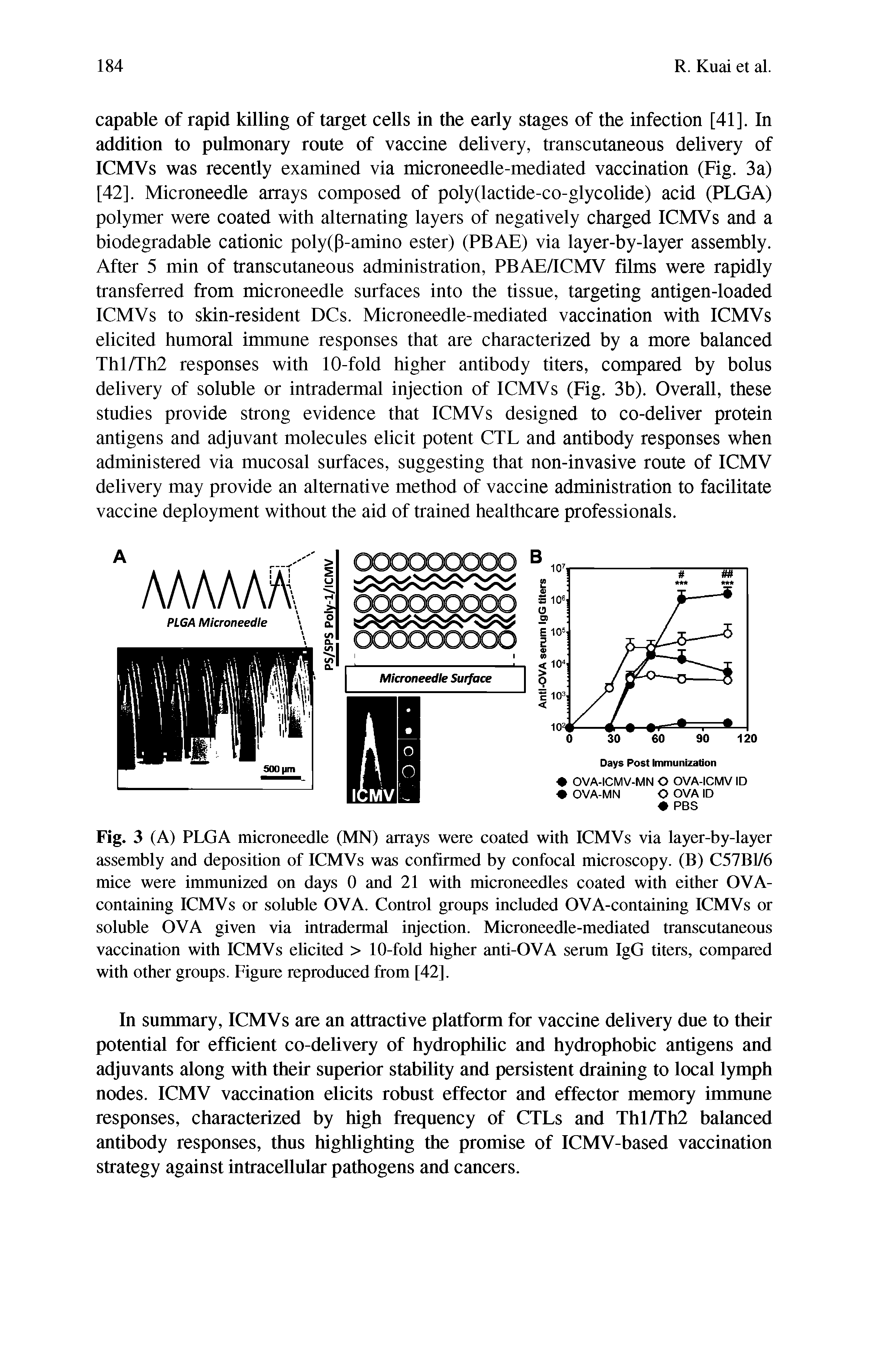 Fig. 3 (A) PLGA microneedle (MN) arrays were coated with ICMVs via layer-by-layer assembly and deposition of ICMVs was confirmed by confocal microscopy. (B) C57BI/6 mice were immunized on days 0 and 21 with microneedles coated with either OVA-containing ICMVs or soluble OVA. Control groups included OVA-containing ICMVs or soluble OVA given via intradermal injection. Microneedle-mediated transcutaneous vaccination with ICMVs ehcited > 10-fold higher anti-OVA serum IgG titers, compared with other groups. Figure reproduced from [42],...