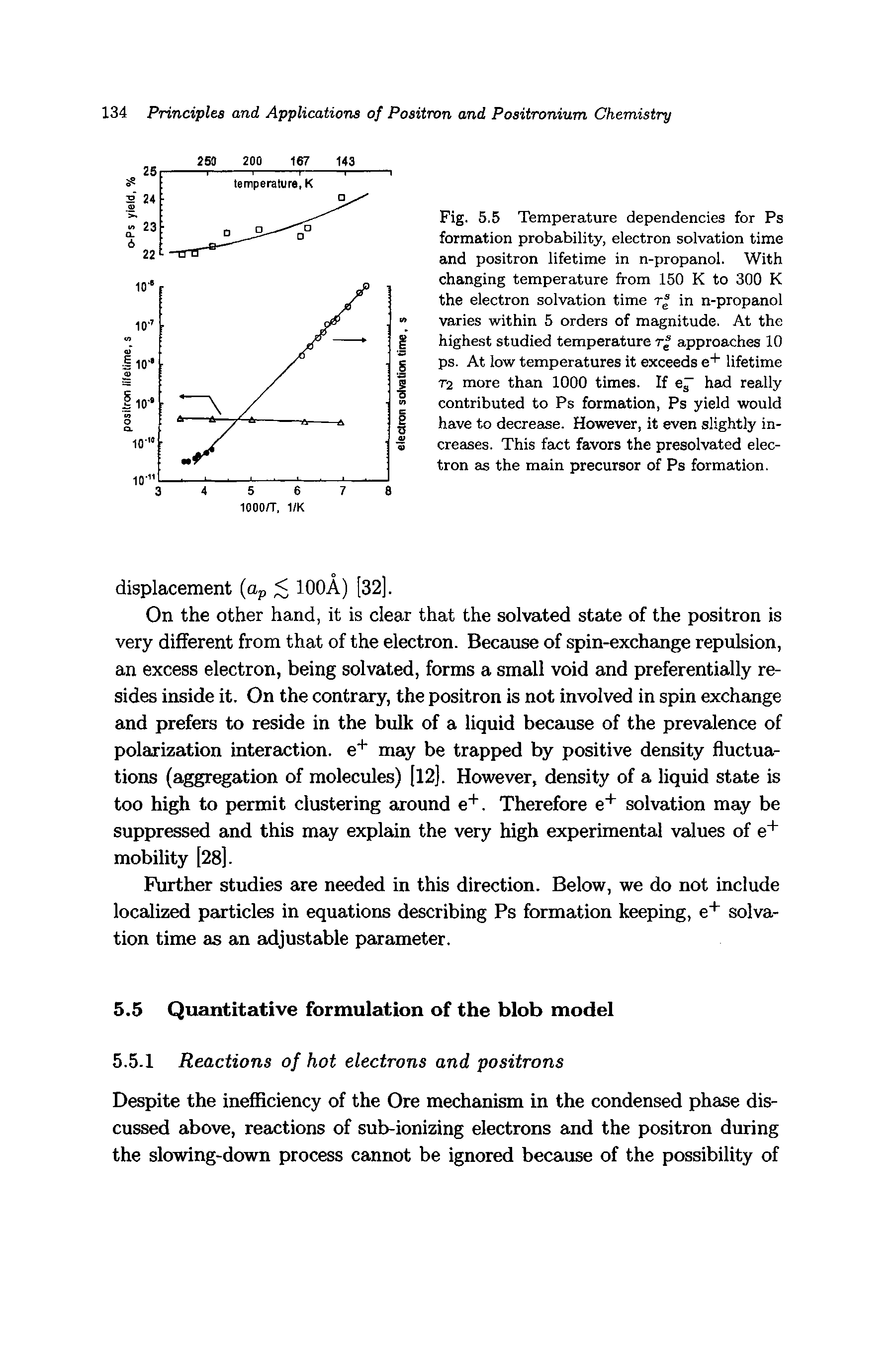 Fig. 5.5 Temperature dependencies for Ps formation probability, electron solvation time and positron lifetime in n-propanol. With changing temperature from 150 K to 300 K the electron solvation time in n-propanol varies within 5 orders of magnitude. At the highest studied temperature r approaches 10 ps. At low temperatures it exceeds e+ lifetime T2 more than 1000 times. If e had really contributed to Ps formation, Ps yield would have to decrease. However, it even slightly increases. This fact favors the presolvated electron as the main precursor of Ps formation.