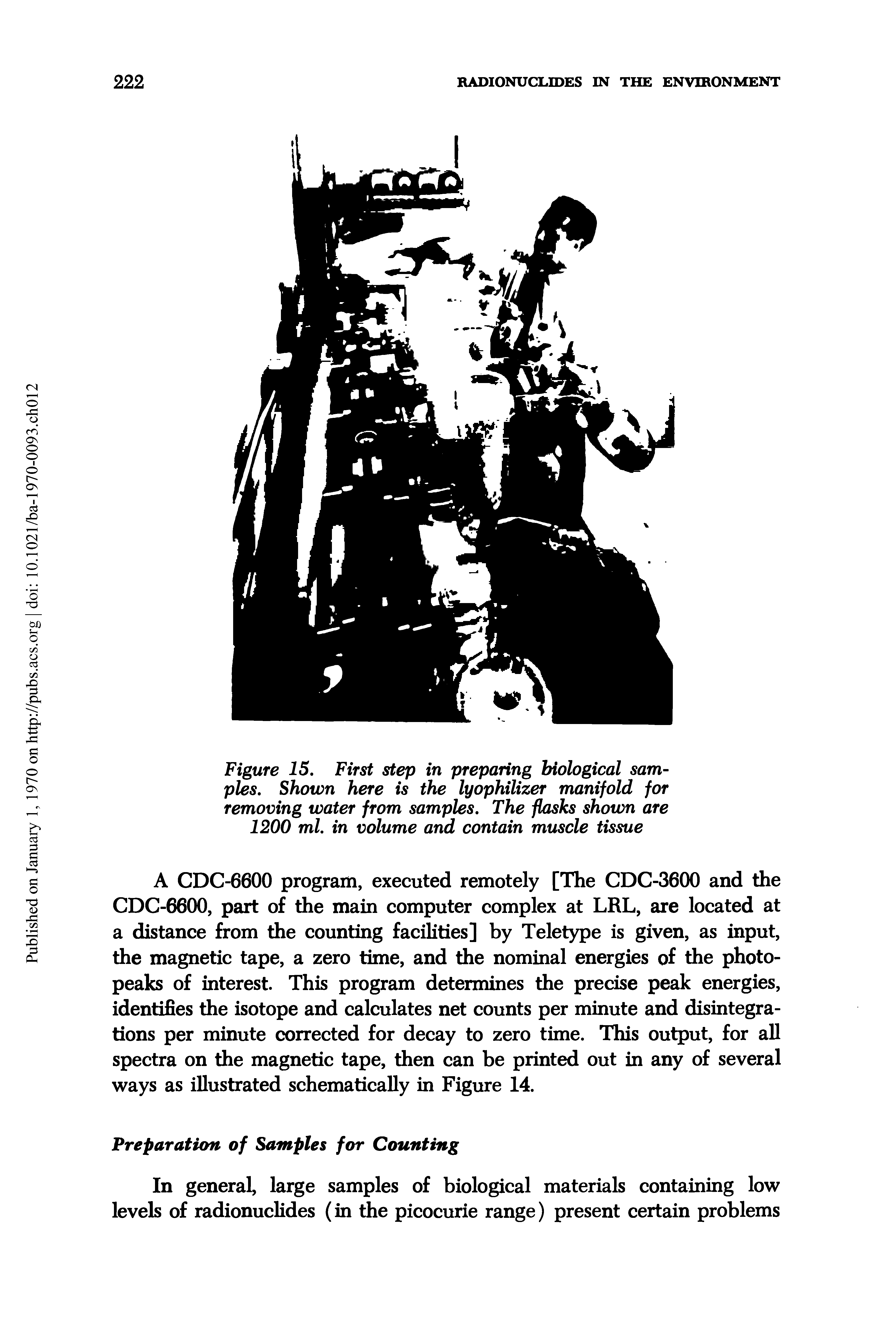 Figure 15. First step in preparing biological samples. Shown here is the lyophilizer manifold for removing water from samples. The flasks shown are 1200 ml. in volume and contain muscle tissue...