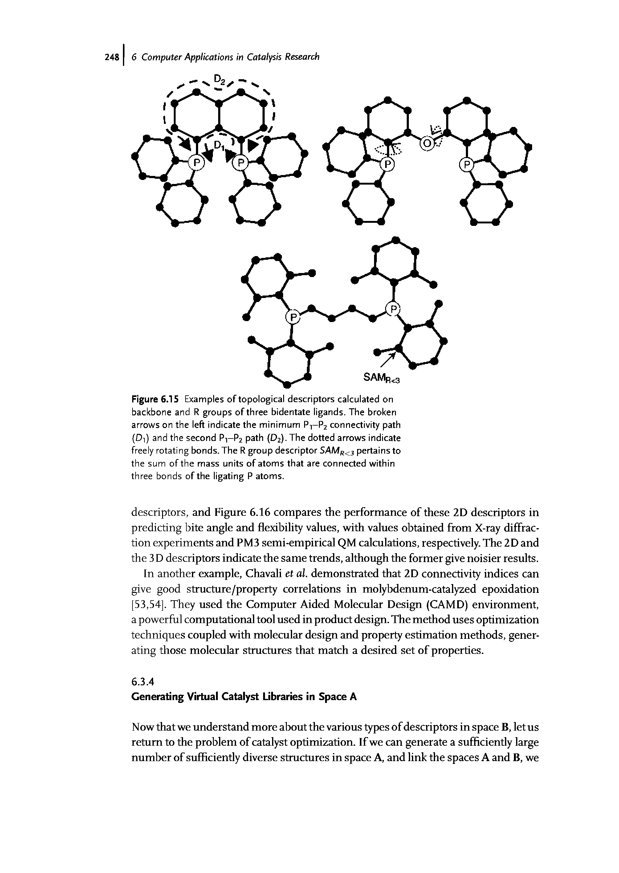 Figure 6.15 Examples of topological descriptors calculated on backbone and R groups of three bidentate ligands. The broken arrows on the left indicate the minimum Pn-P2 connectivity path (Dt) and the second Pn-P2 path (D2). The dotted arrows indicate freely rotating bonds. The R group descriptor SAMR<3 pertains to the sum of the mass units of atoms that are connected within three bonds of the ligating P atoms.