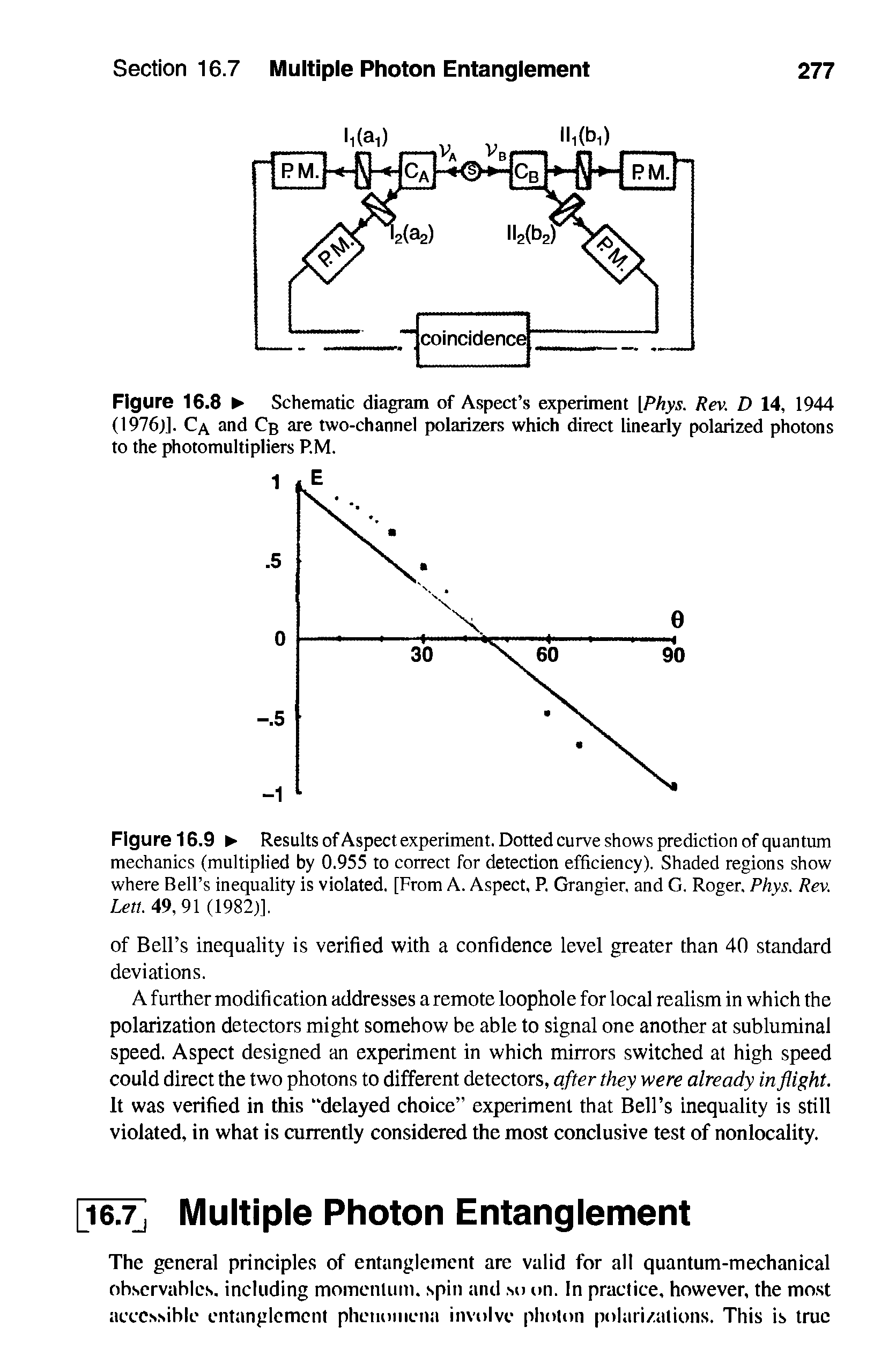 Figure 16.8 Schematic diagram of Aspect s experiment [Phys. Rev. D 14, 1944 (1976j]. Ca and Cg are two-channel polarizers whieh direct linearly polarized photons to the photomultipliers P.M.