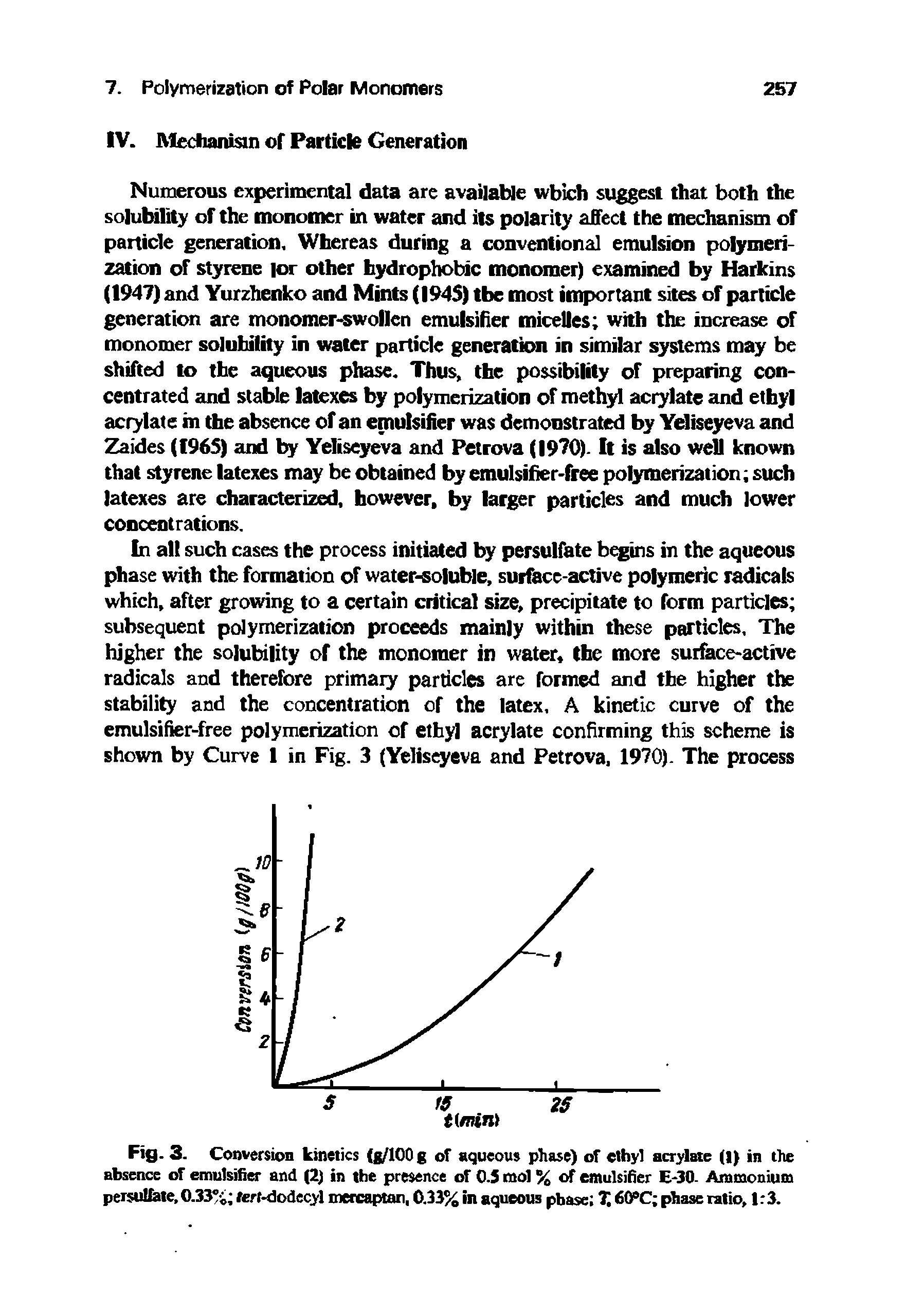 Fig. 3. Conversion kinetics (g/lOOg of aqueous phase) of ethyl acrylate (I) in the absence of emulsifier and (2) in the presence of 0.S mol % of emulsifier E-30- Ammonium peisu fete,0.33% tert-dodecyl metcaptan, 0.33% in aqueous phase T, 6tPC phase ratio, 1 3.