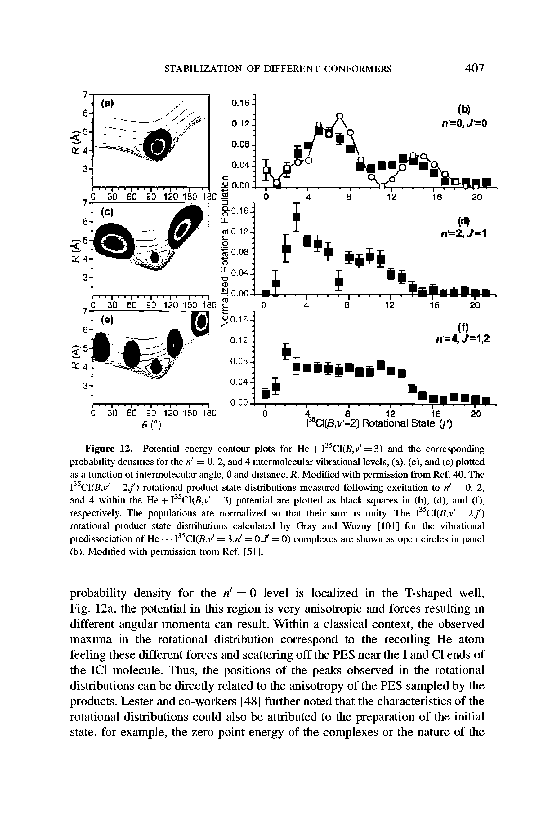 Figure 12. Potential energy contour plots for He + I Cl(B,v = 3) and the corresponding probability densities for the n = 0, 2, and 4 intermolecular vibrational levels, (a), (c), and (e) plotted as a function of intermolecular angle, 0 and distance, R. Modified with permission from Ref. 40. The I Cl(B,v = 2/) rotational product state distributions measured following excitation to n = 0, 2, and 4 within the He + I Cl(B,v = 3) potential are plotted as black squares in (b), (d), and (f), respectively. The populations are normalized so that their sum is unity. The l Cl(B,v = 2/) rotational product state distributions calculated by Gray and Wozny [101] for the vibrational predissociation of He I Cl(B,v = 3,n = 0,/ = 0) complexes are shown as open circles in panel (b). Modified with permission from Ref. [51].