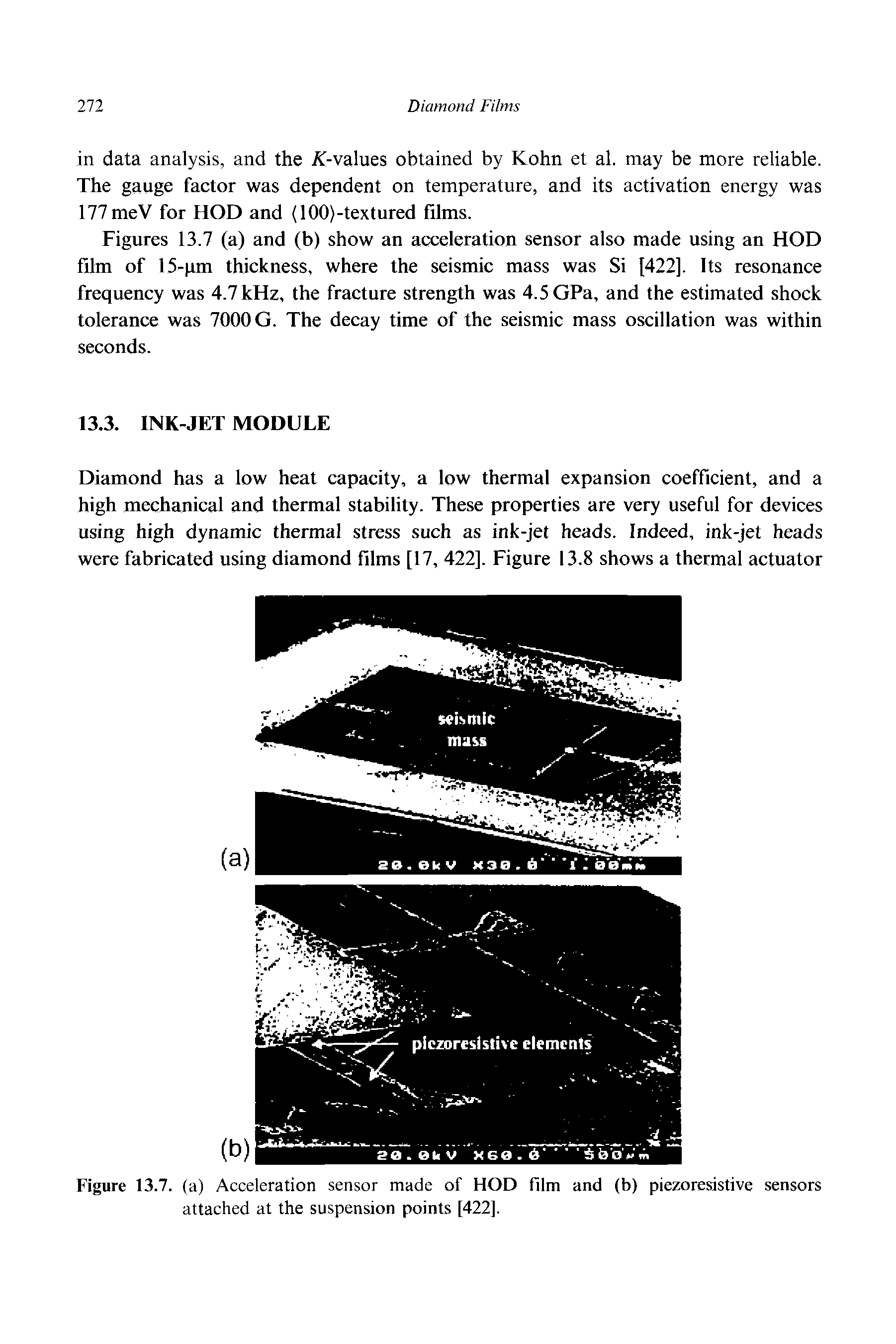 Figures 13.7 (a) and (b) show an acceleration sensor also made using an HOD film of 15- im thickness, where the seismic mass was Si 422]. Its resonance frequency was 4.7 kHz, the fracture strength was 4.5 GPa, and the estimated shock tolerance was 7000 G. The decay time of the seismic mass oscillation was within seconds.