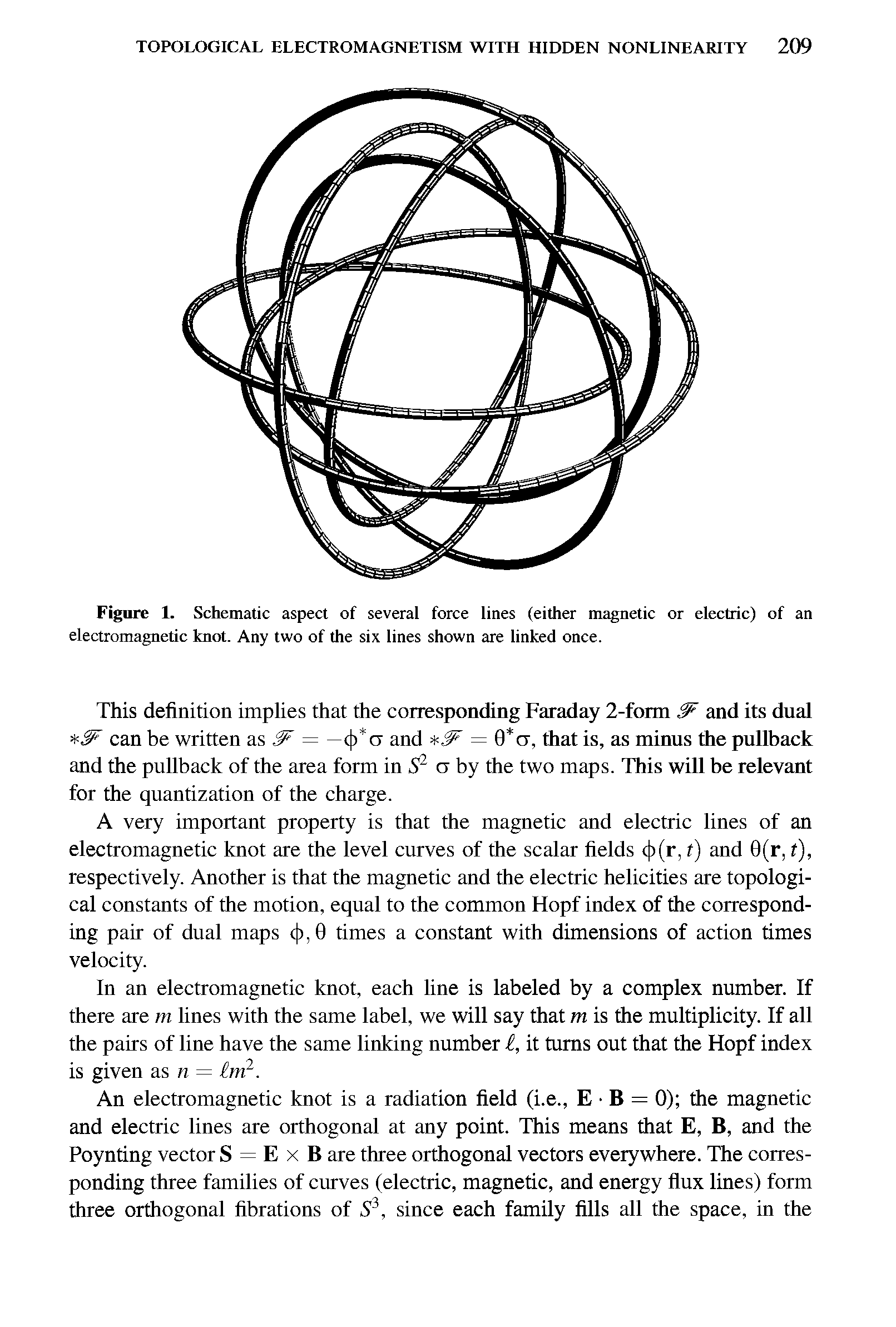 Figure 1. Schematic aspect of several force lines (either magnetic or electric) of an electromagnetic knot. Any two of the six lines shown are linked once.