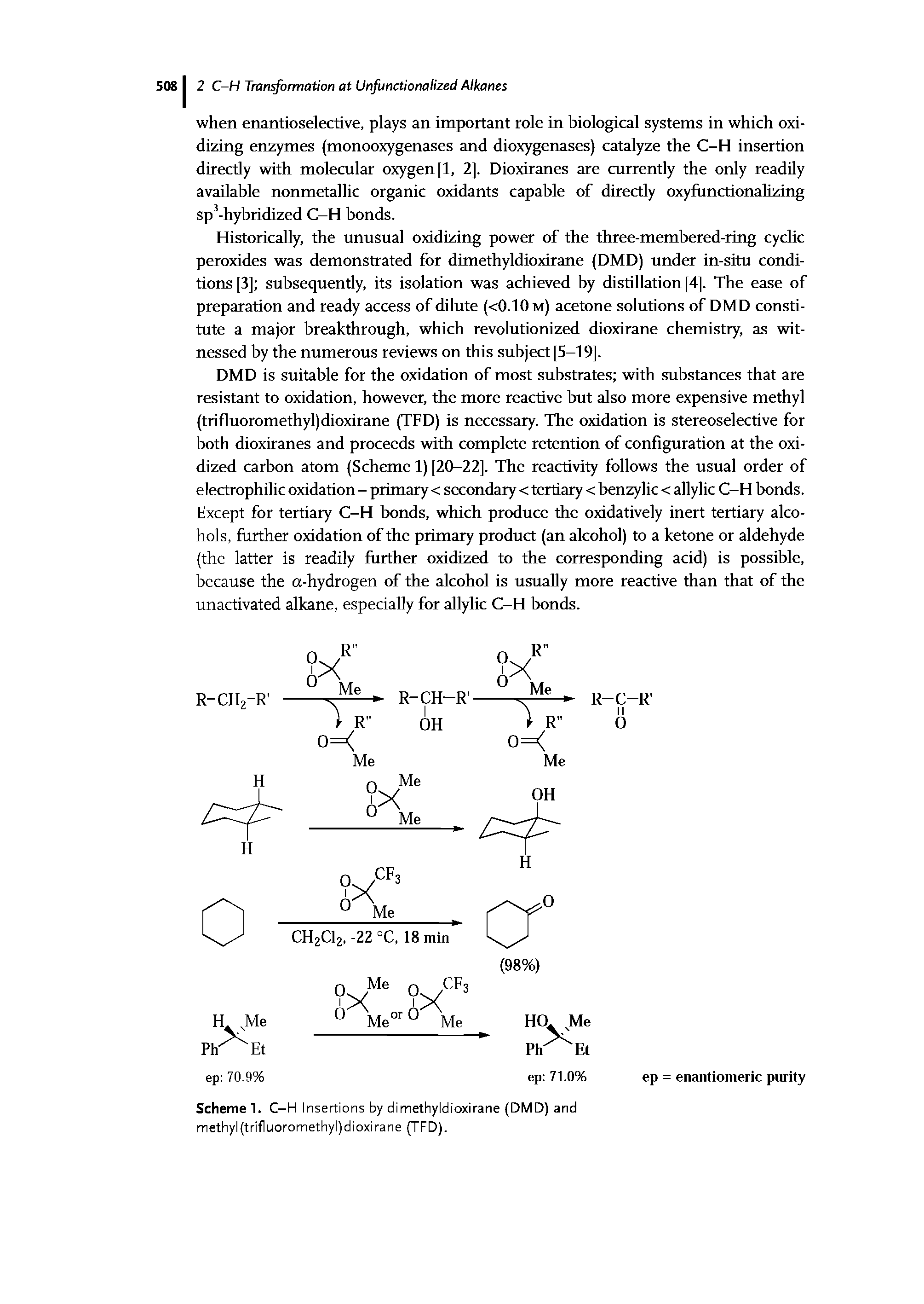 Scheme 1. C-H Insertions by dimethyldioxirane (DMD) and methyl(trifluoromethyl)dioxirane (TFD).