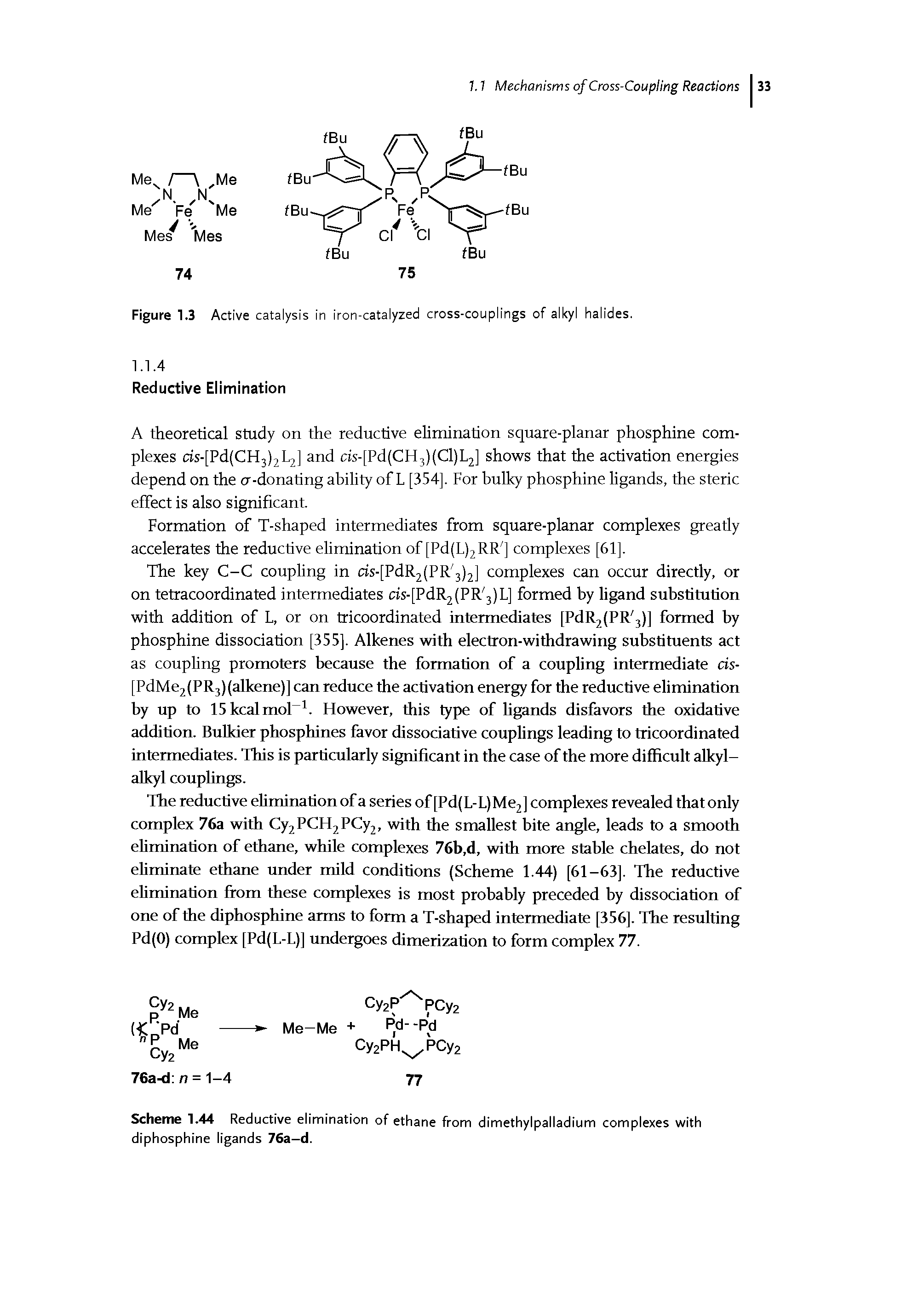 Scheme 1.44 Reductive elimination of ethane from dimethylpalladium complexes with diphosphine ligands 76a-d.