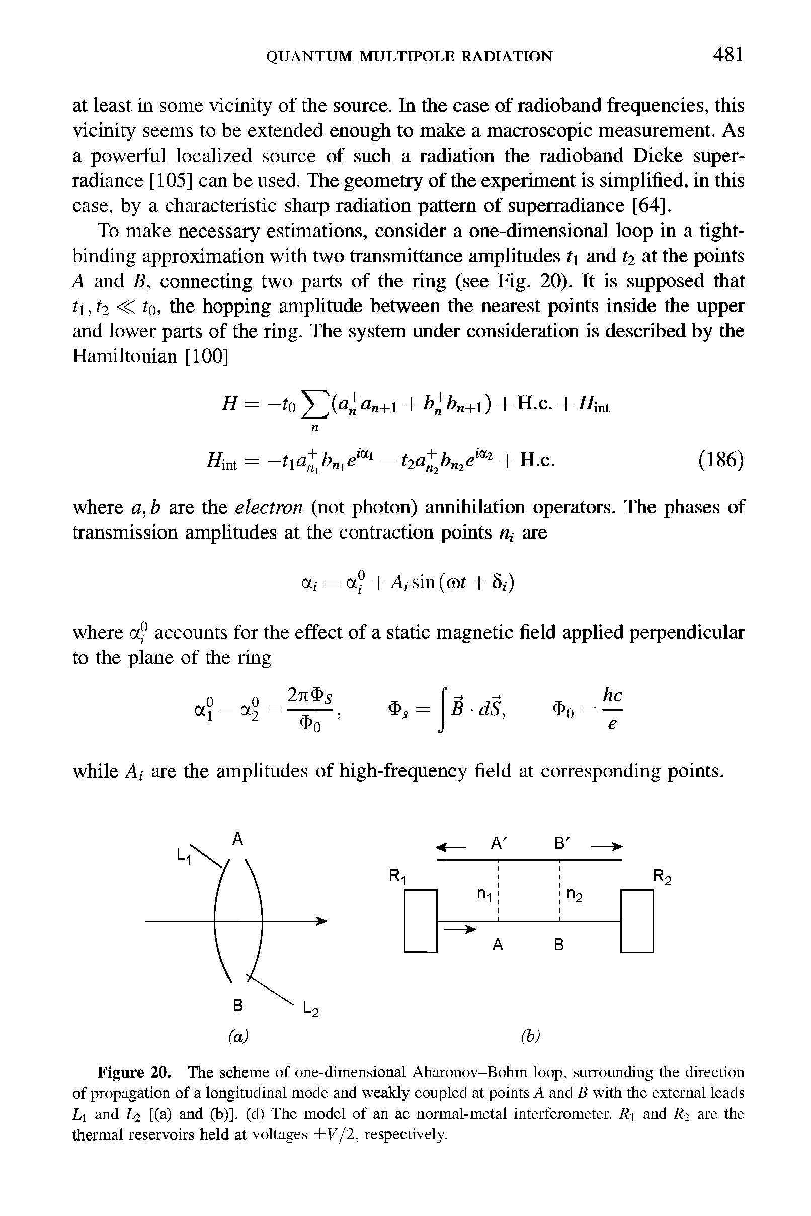 Figure 20. The scheme of one-dimensional Aharonov-Bohm loop, surrounding the direction of propagation of a longitudinal mode and weakly coupled at points A and B with the external leads L and Li [(a) and (b)]. (d) The model of an ac normal-metal interferometer. R and R2 are the thermal reservoirs held at voltages V/2, respectively.