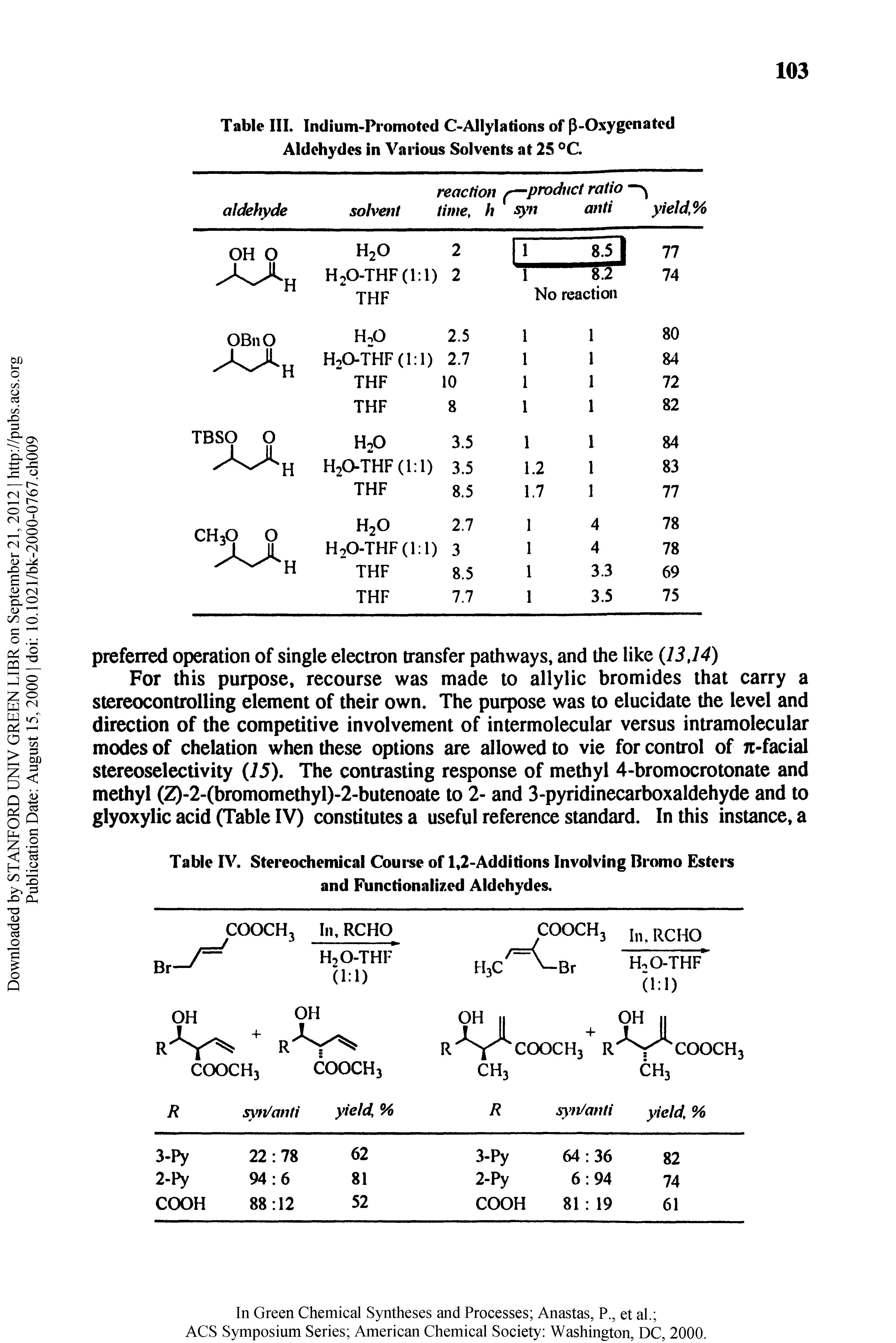 Table IV. Stereochemical Course of 1,2-Additions Involving Bromo Esters and Functionalized Aldehydes.