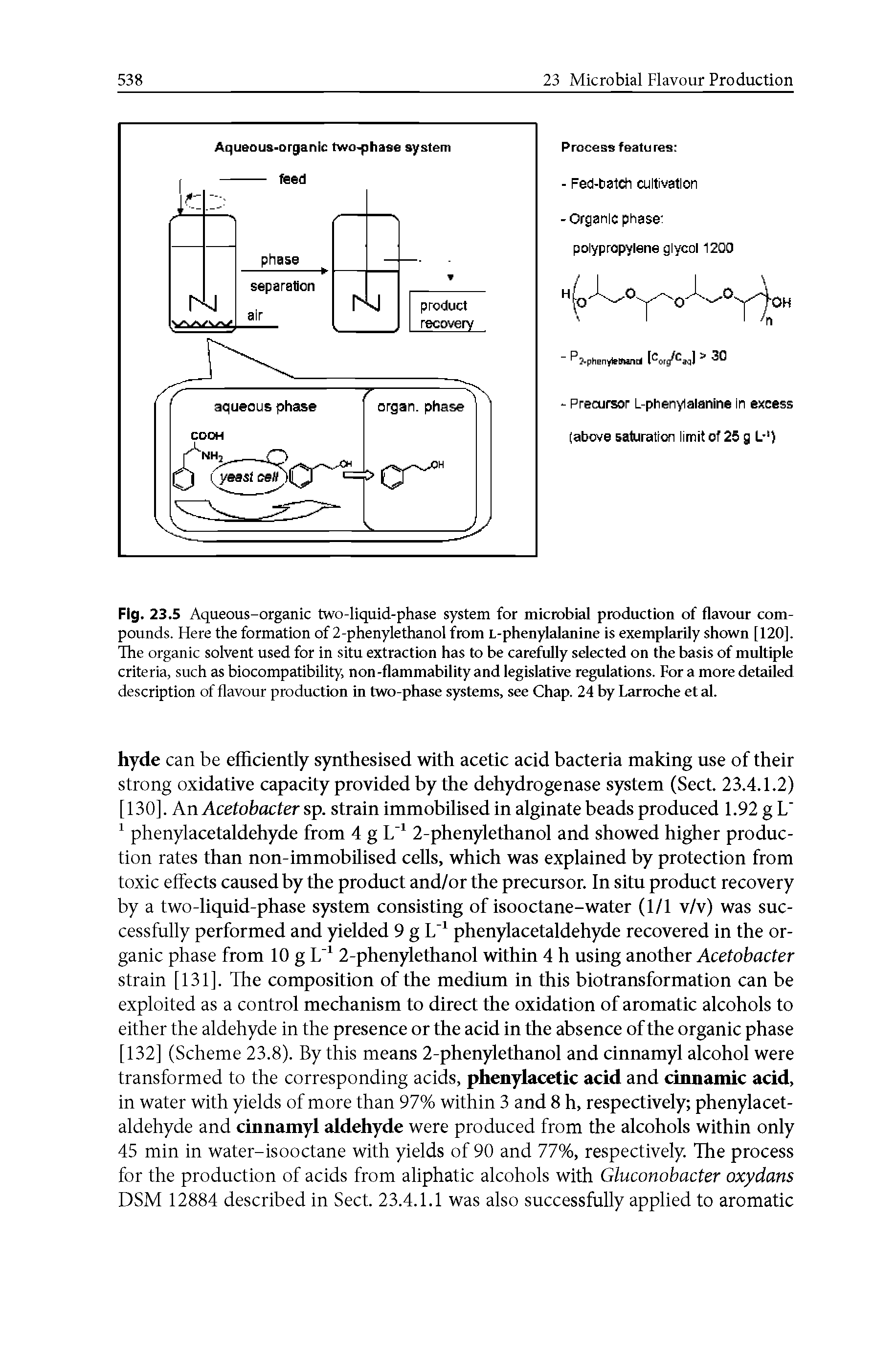 Fig. 23.5 Aqueous-organic two-liquid-phase system for microbial production of flavour compounds. Here the formation of 2-phenylethanol from L-phenylalanine is exemplarily shown [120]. The organic solvent used for in situ extraction has to be carefully selected on the basis of multiple criteria, such as biocompatibility, non-flammability and legislative regulations. For a more detailed description of flavour production in two-phase systems, see Chap. 24 by Larroche et al.