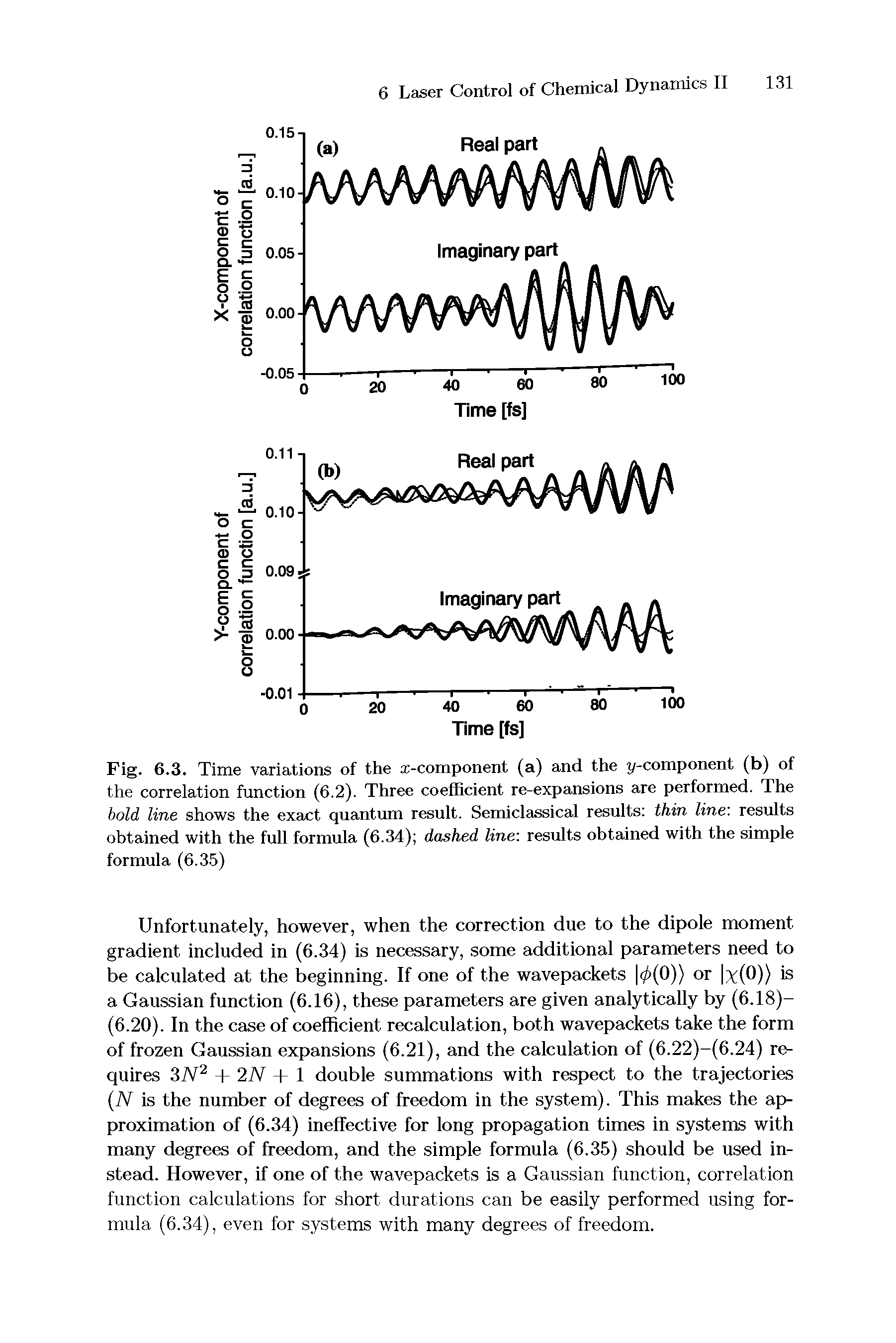 Fig. 6.3. Time variations of the x-component (a) and the y-component (b) of the correlation function (6.2). Three coefficient re-expansions are performed. The bold line shows the exact quantum result. Semiclassical results thin line results obtained with the full formula (6.34) dashed line results obtained with the simple formula (6.35)...