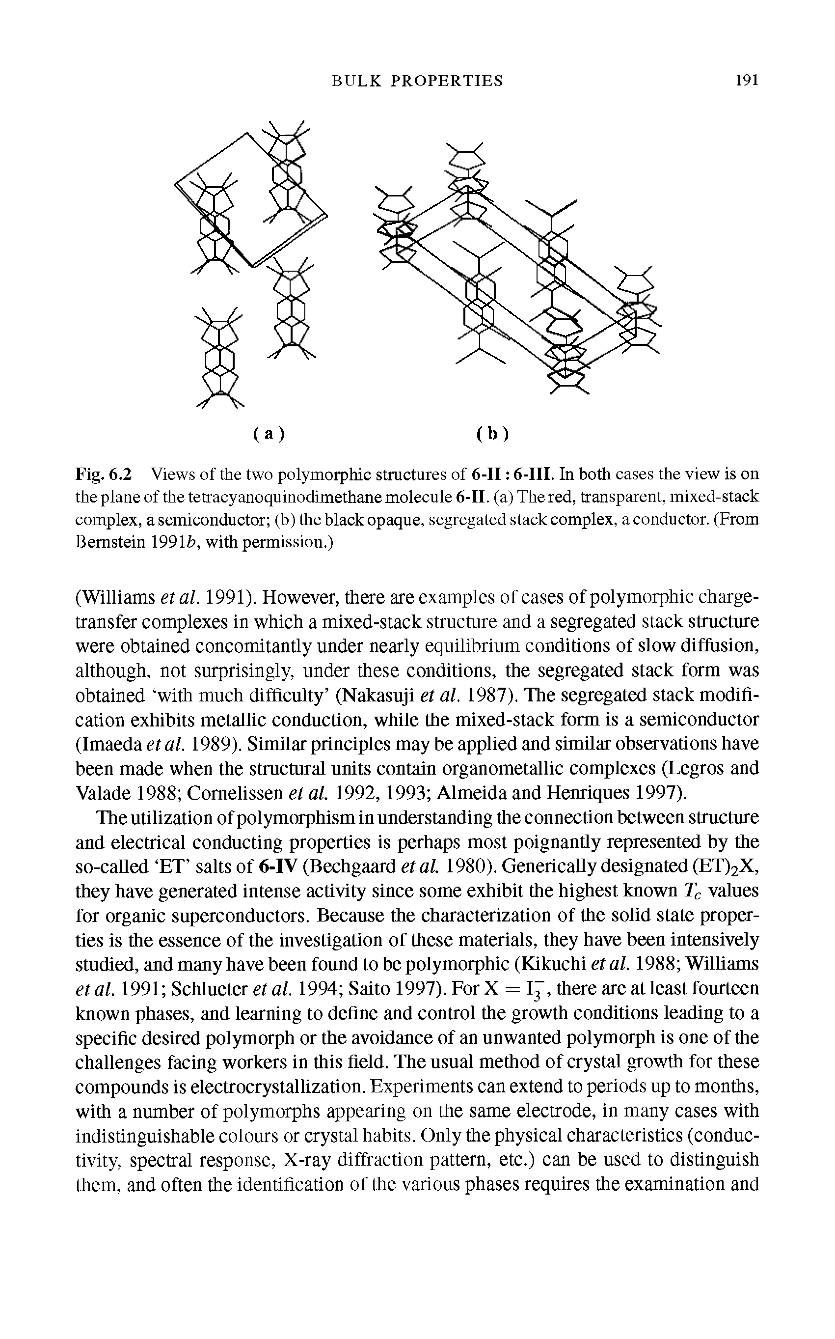 Fig. 6.2 Views of the two polymorphic structures of 6-II 6-III. In both cases the view is on the plane of the tetracyanoquinodimethane molecule 6-II. (a) The red, transparent, mixed-stack complex, a semiconductor (b) the black opaque, segregated stack complex, a conductor. (From Bernstein 99 b, with permission.)...