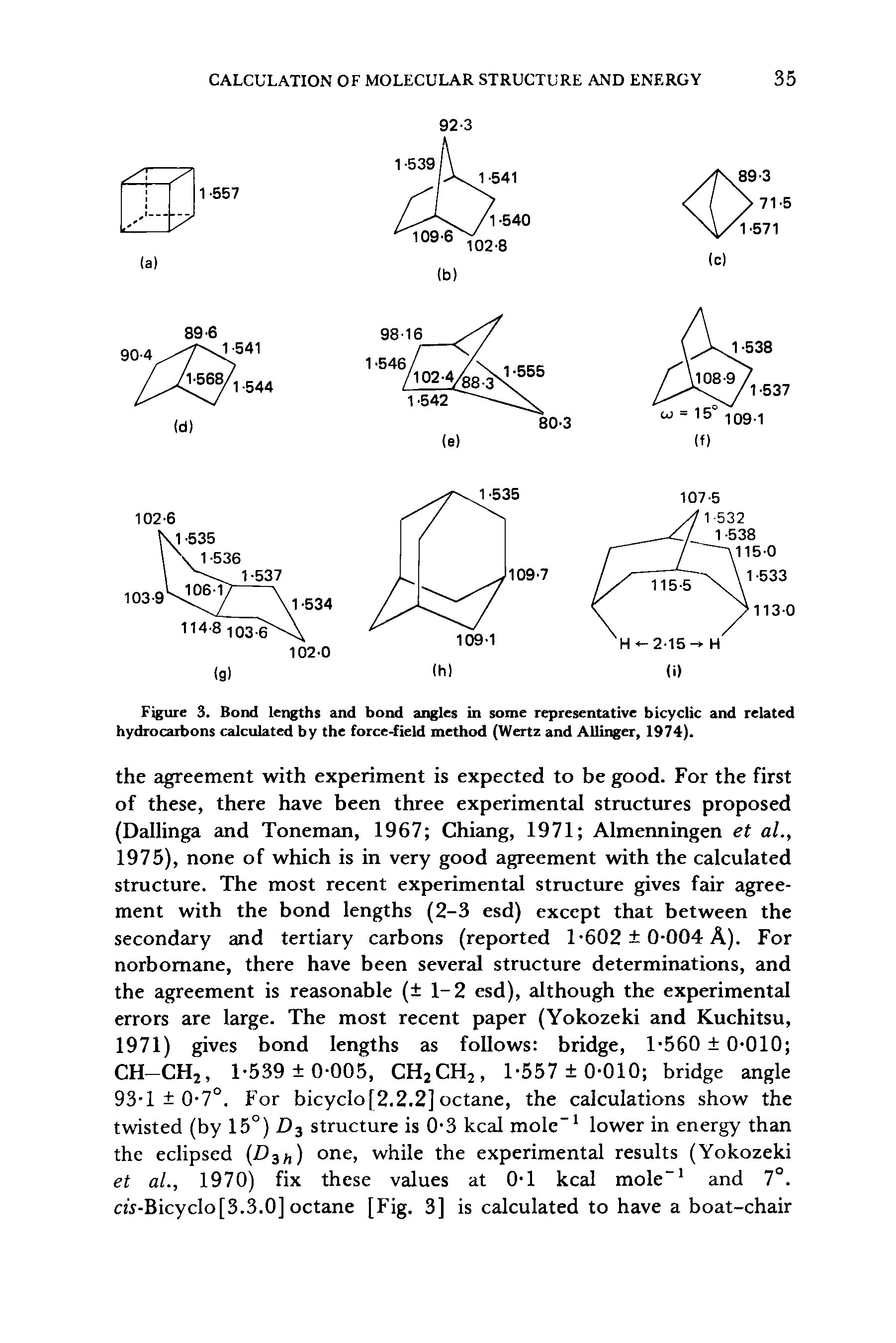 Figure 3. Bond lengths and bond angles in some representative bicyclic and related hydrocarbons calculated by the force-field method (Wertz and Allinger, 1974).