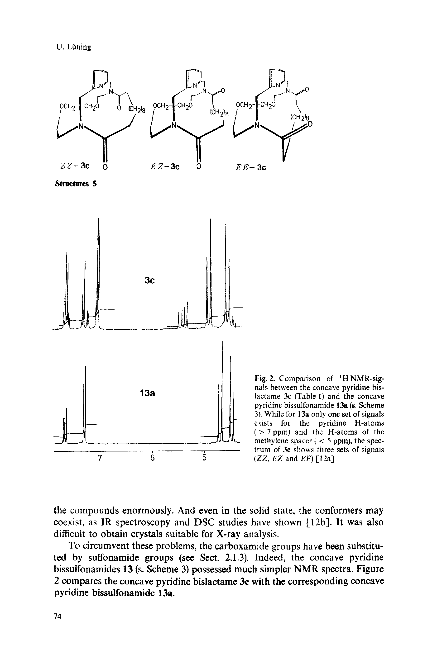 Fig. 2. Comparison of HNMR-sig-nals between the concave pyridine bis-lactame 3c (Table 1) and the concave pyridine bissulfonamide 13a (s. Scheme 3). While for 13a only one set of signals exists for the pyridine H-atoms ( > 7 ppm) and the H-atoms of the methylene spacer ( < 5 ppm), the spectrum of 3e shows three sets of signals (ZZ, EZ and EE) [12a]...