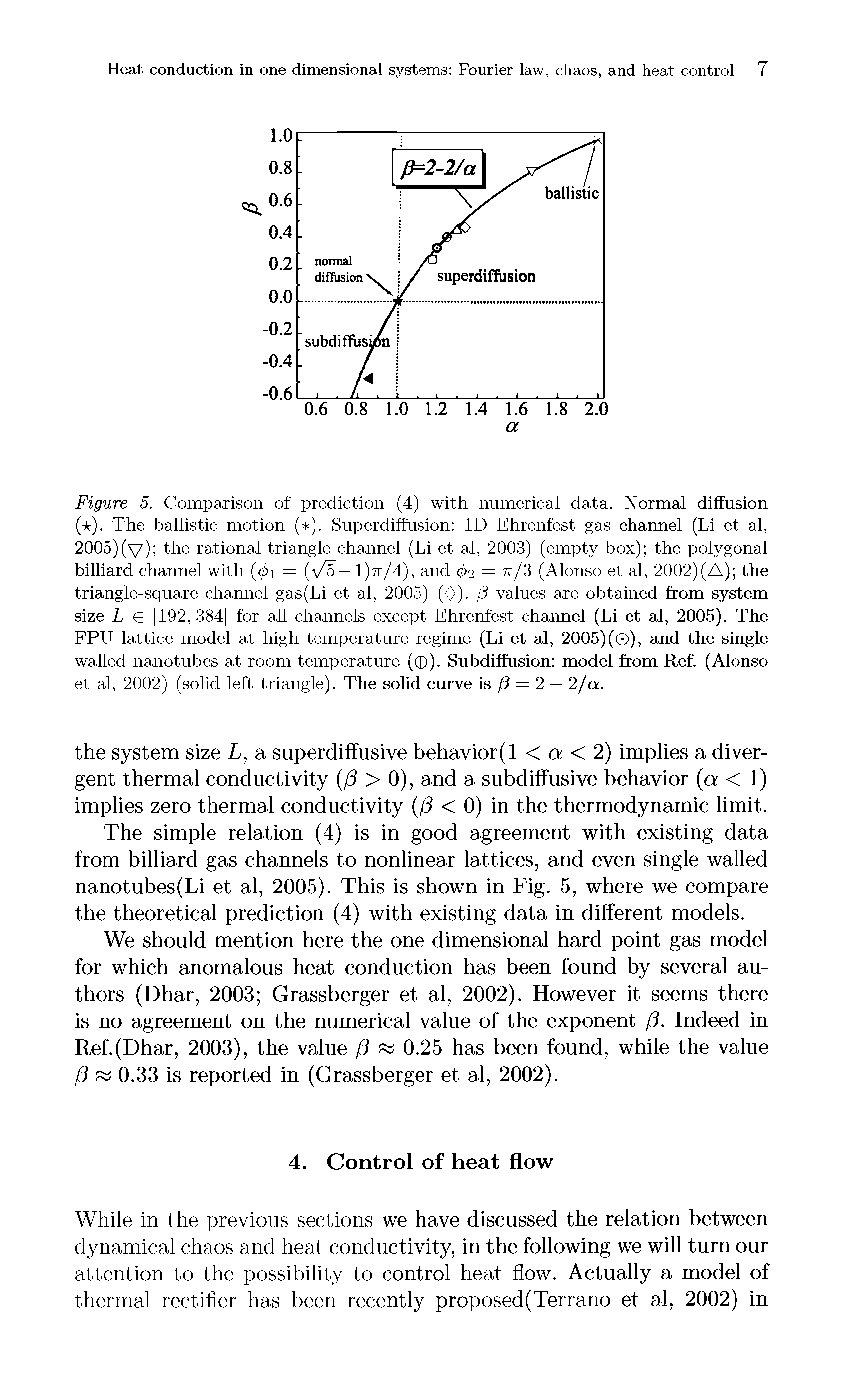 Figure 5. Comparison of prediction (4) with numerical data. Normal diffusion ( ). The ballistic motion ( ). Superdiffusion ID Ehrenfest gas channel (Li et al, 2005)(v) the rational triangle channel (Li et al, 2003) (empty box) the polygonal billiard channel with (<j>i = (V > — 1)7t/4), and <f>2 = 7r/3 (Alonso et al, 2002)(A) the triangle-square channel gas(Li et al, 2005) (<>) / values are obtained from system size L e [192, 384] for all channels except Ehrenfest channel (Li et al, 2005). The FPU lattice model at high temperature regime (Li et al, 2005) ( ), and the single walled nanotubes at room temperature ( ). Subdiffusion model from Ref. (Alonso et al, 2002) (solid left triangle). The solid curve is f3 = 2 — 2/a.