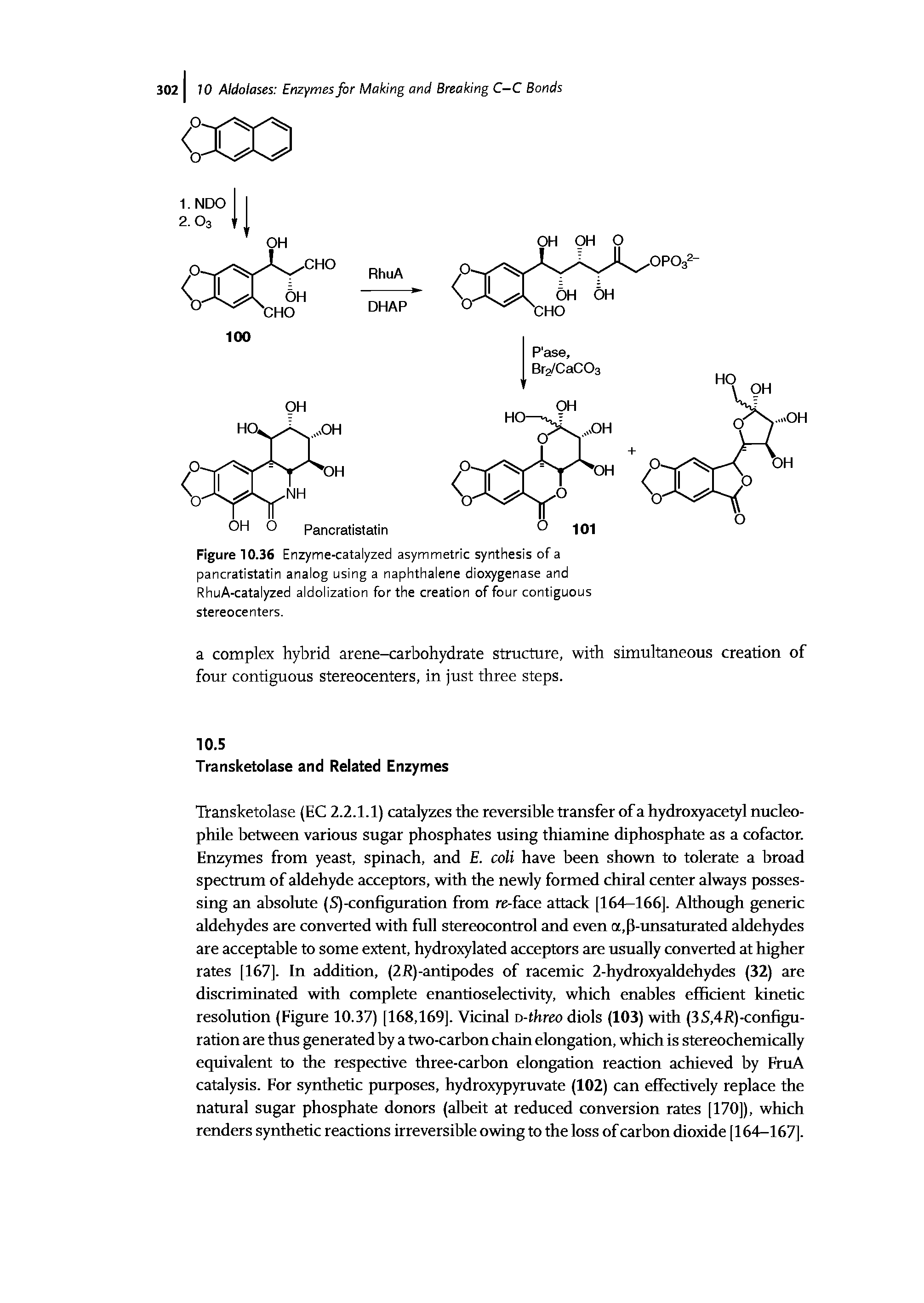 Figure 10.36 Enzyme-catalyzed asymmetric synthesis of a pancratistatin analog using a naphthalene dioxygenase and RhuA-catalyzed aldolization for the creation of four contiguous stereocenters.