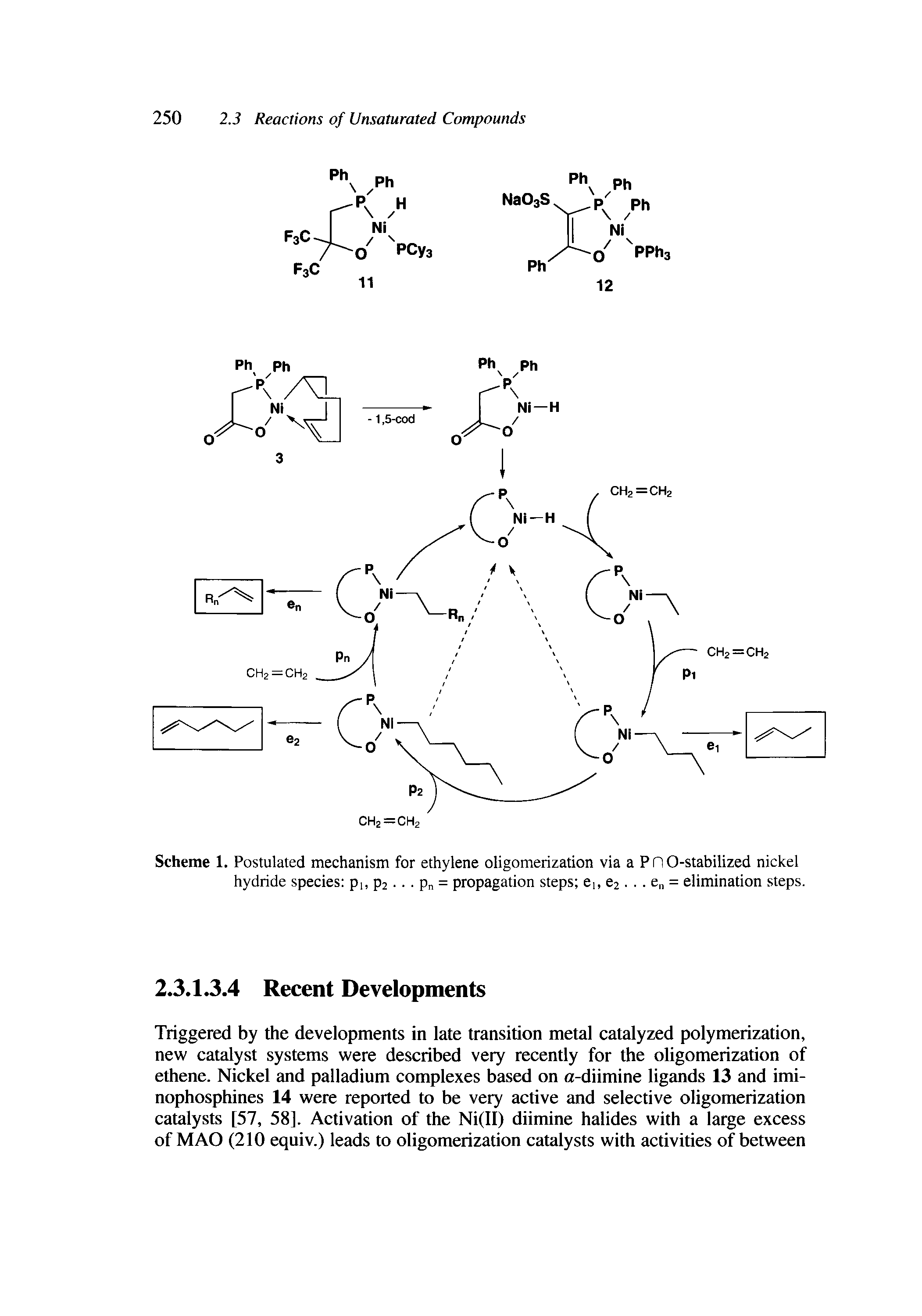 Scheme 1. Postulated mechanism for ethylene oligomerization via a P n 0-stabilized nickel hydride species pi, p2... Pn = propagation steps Ci, C2.. . e = elimination steps.