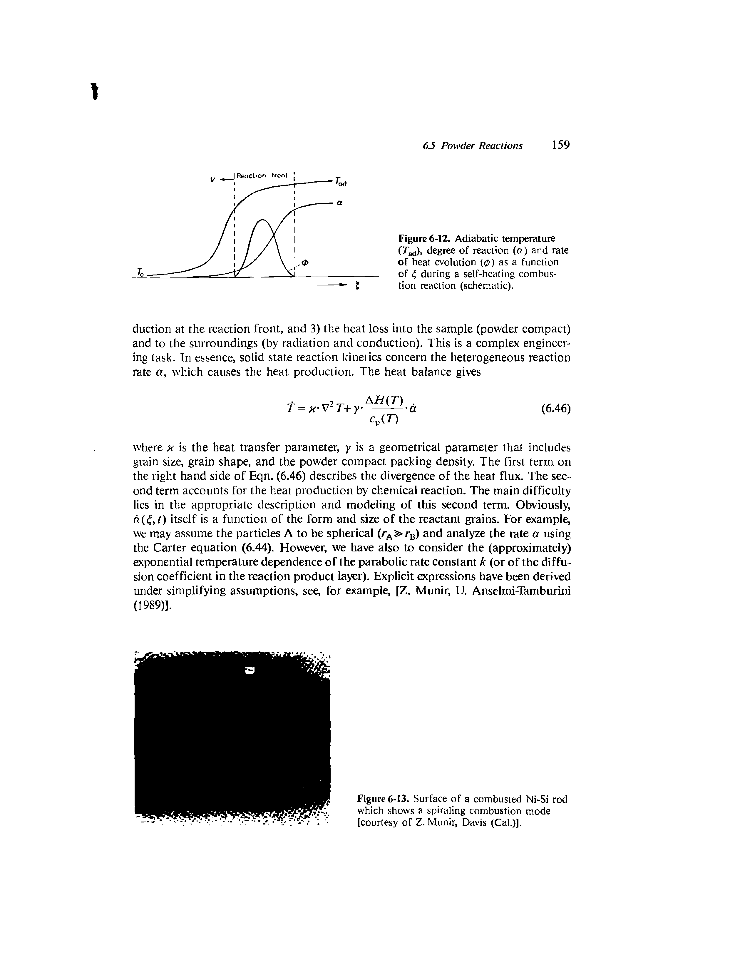 Figure 6-12. Adiabatic temperature (Taa), degree of reaction (a) and rate of heat evolution (tp) as a function of during a self-heating combustion reaction (schematic).